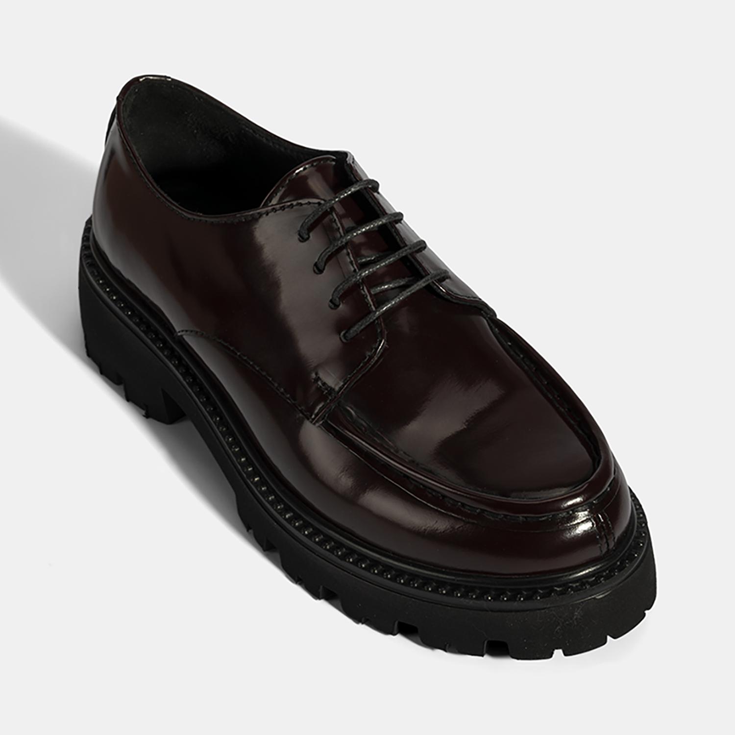 Kadın Bordo Bağcıklı Kalın Tabanlı Deri Günlük Ayakkabı