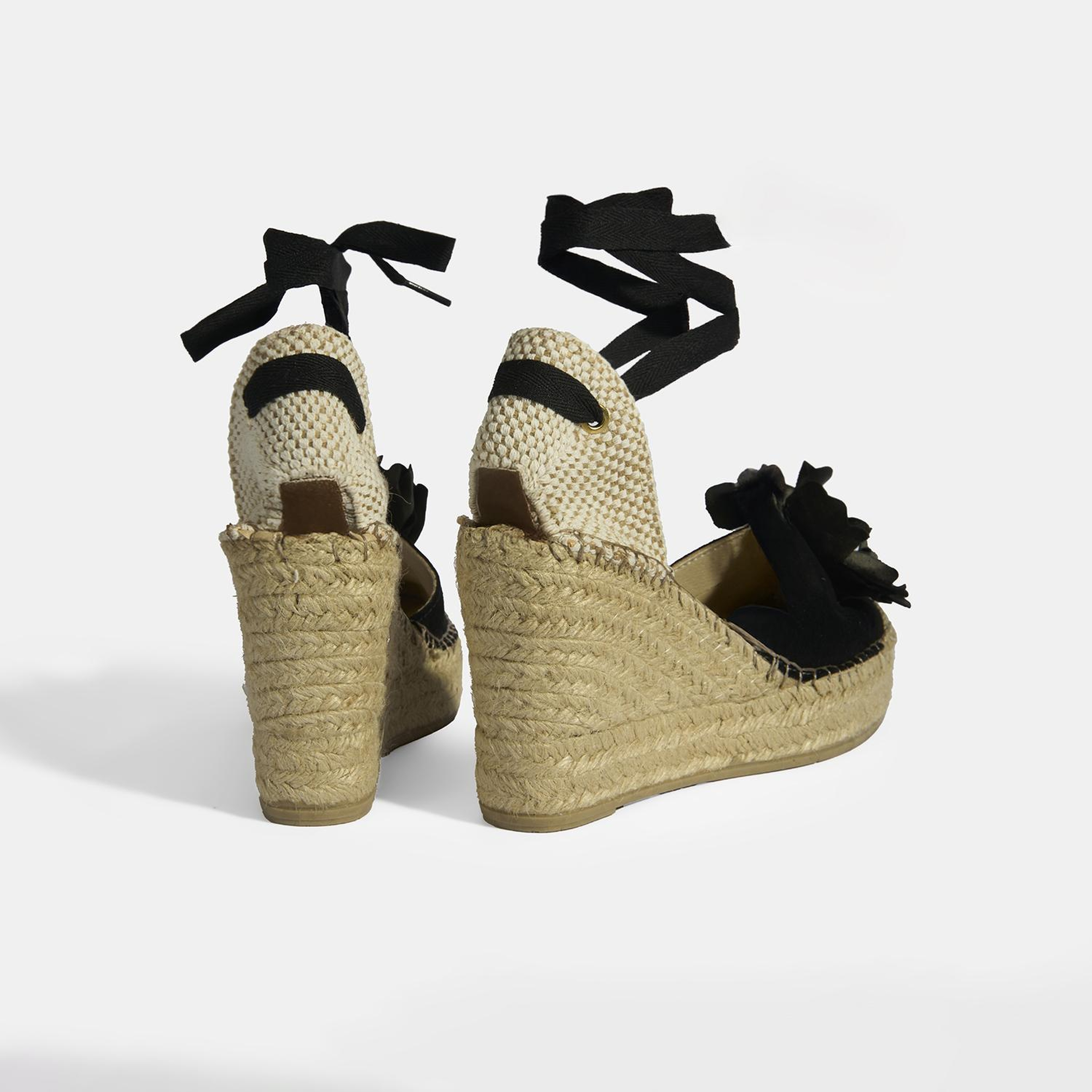 Limited Edition Siyah Kadın Çiçek Aksesuarlı Jüt Bağcıklı Dolgu Topuklu Süet Espadril