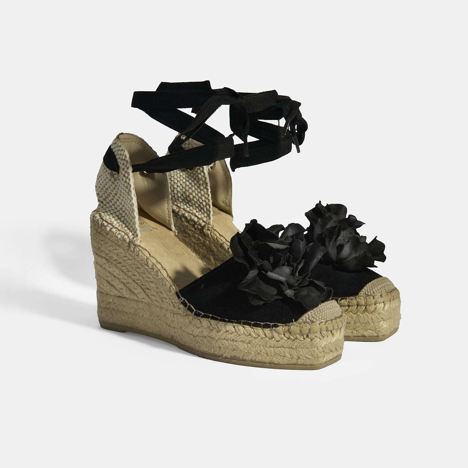 Limited Edition Siyah Kadın Çiçek Aksesuarlı Jüt Bağcıklı Dolgu Topuklu Süet Espadril