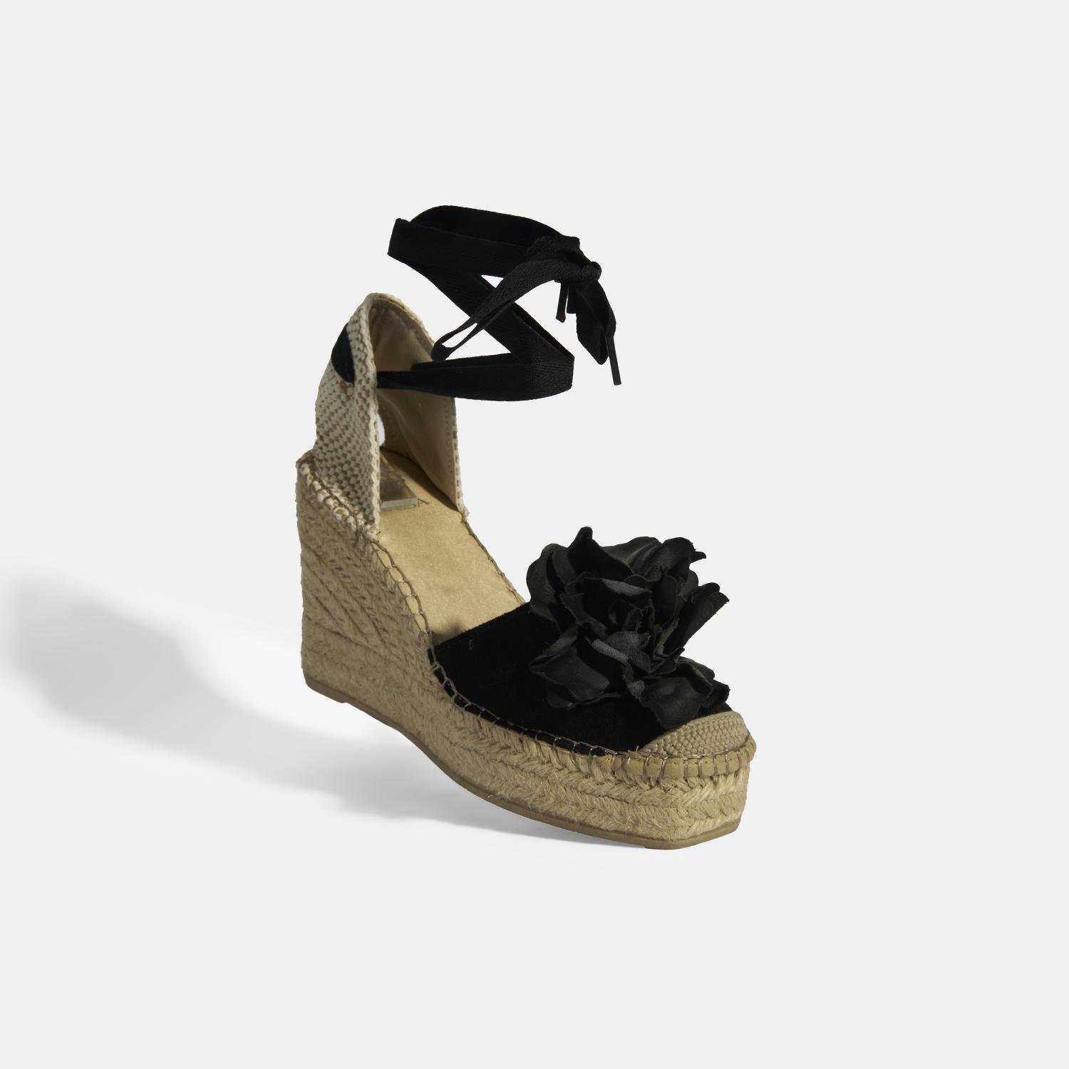 Limited Edition Siyah Kadın Çiçek Aksesuarlı Jüt Bağcıklı Dolgu Topuklu Süet Espadril