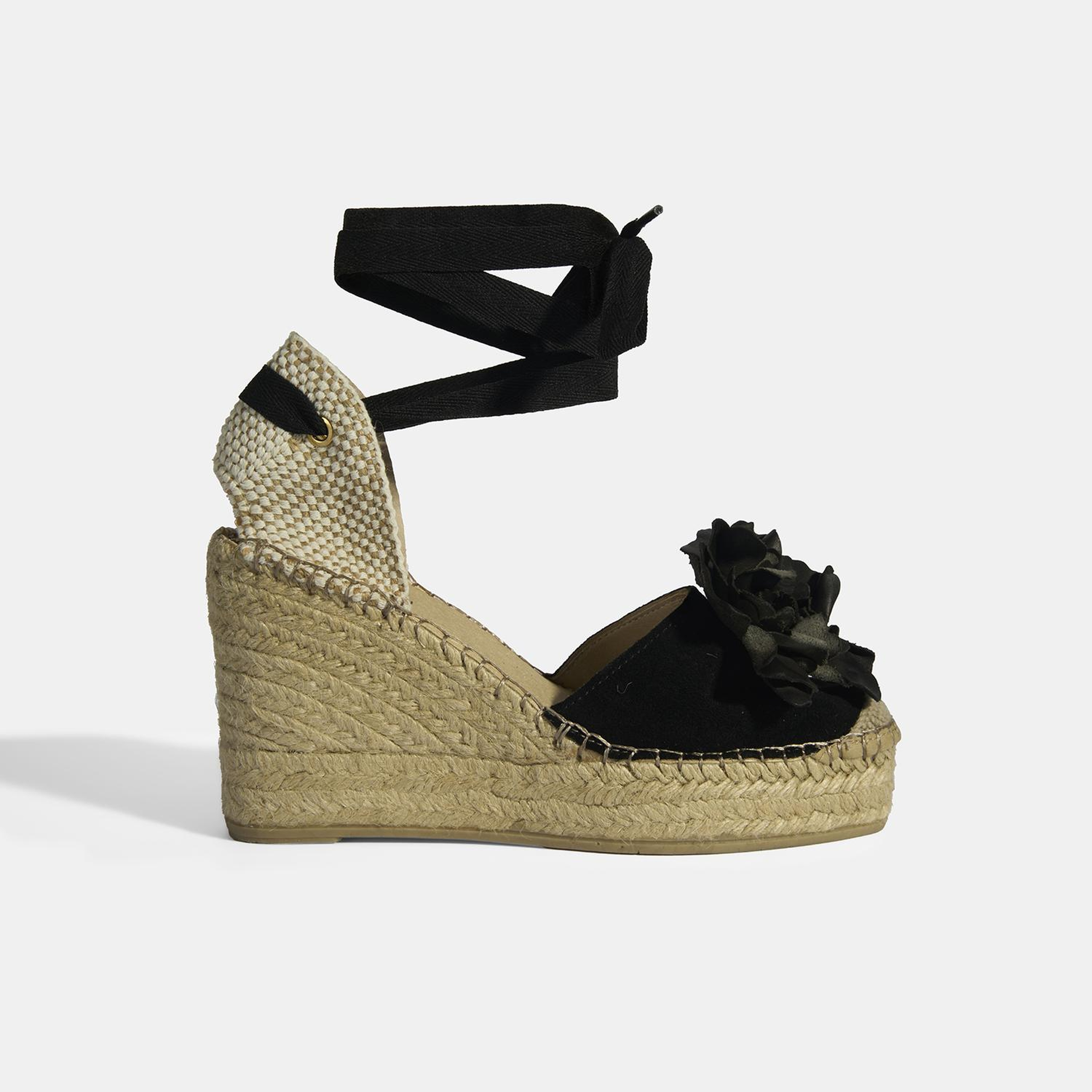 Limited Edition Siyah Kadın Çiçek Aksesuarlı Jüt Bağcıklı Dolgu Topuklu Süet Espadril