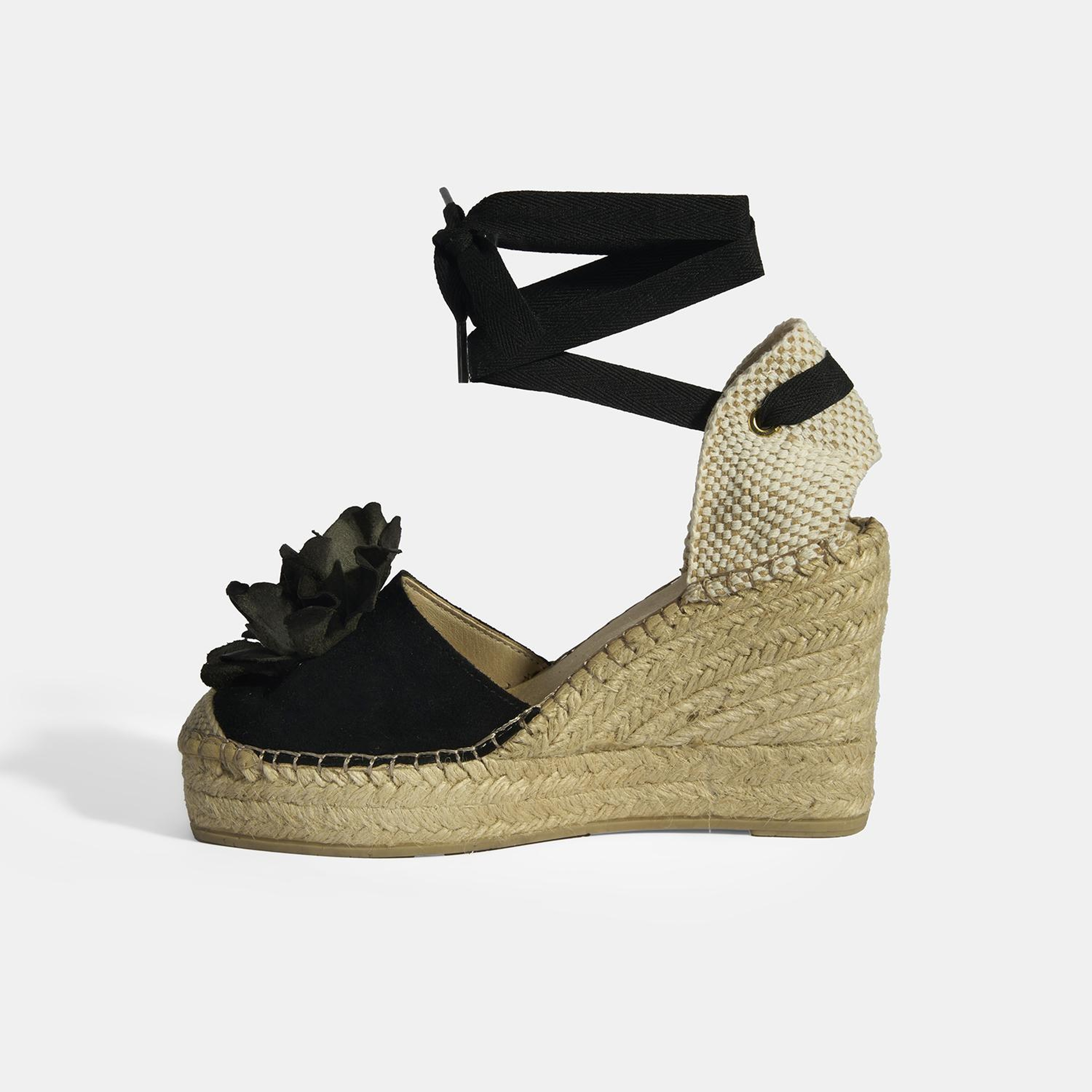 Limited Edition Siyah Kadın Çiçek Aksesuarlı Jüt Bağcıklı Dolgu Topuklu Süet Espadril