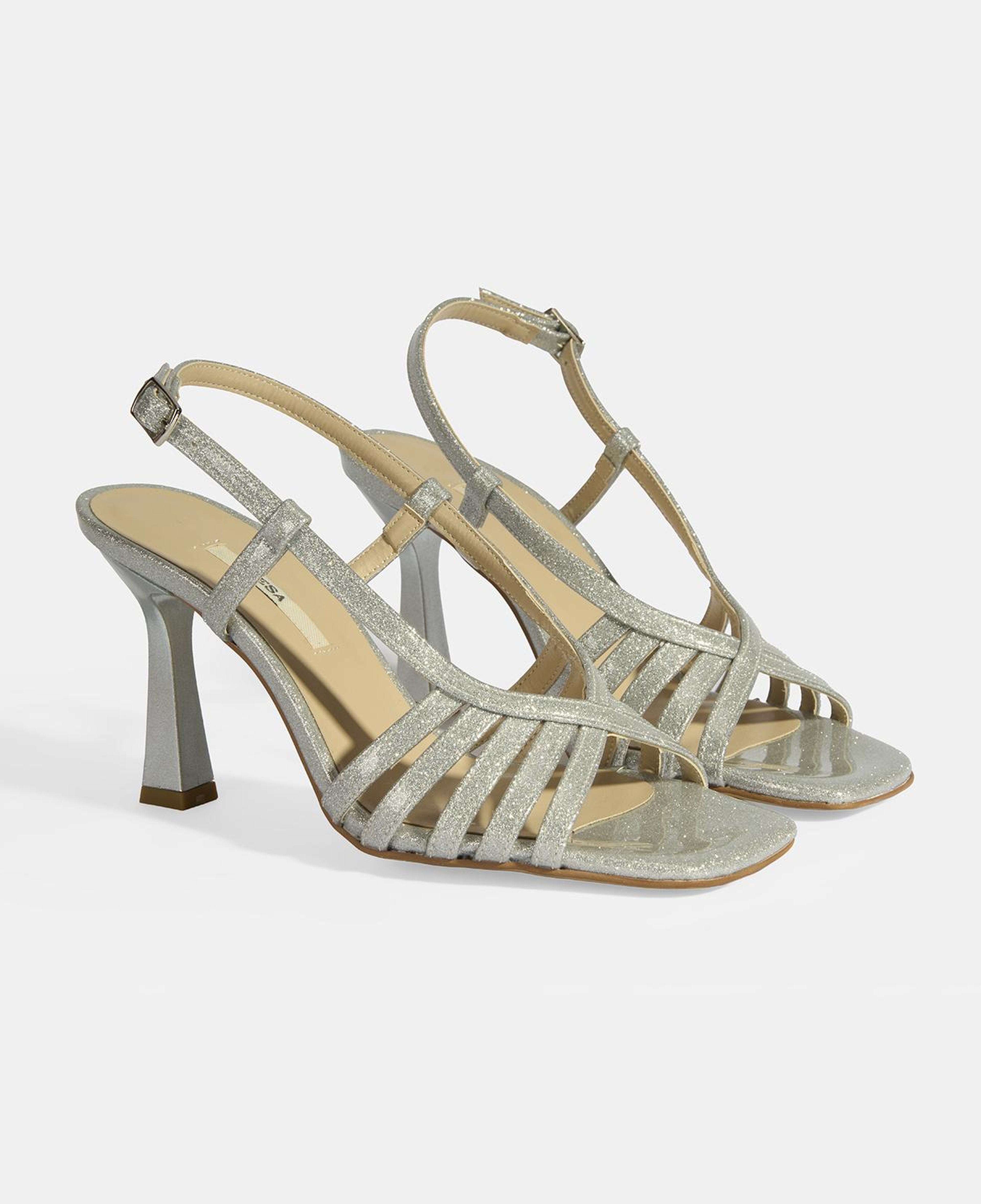 Kadın Gümüş Simli Topuklu Abiye Sandalet