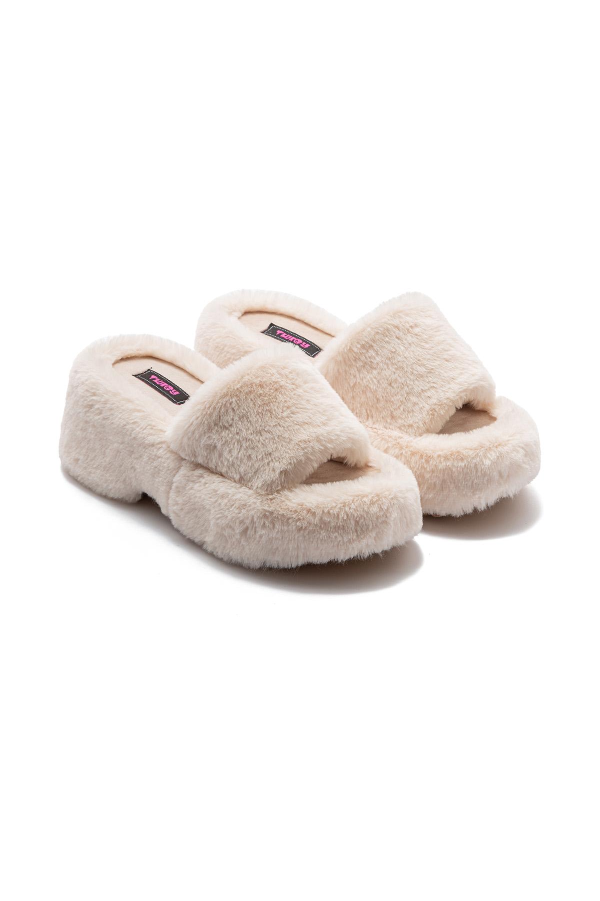 Lili Peluş Kadın Topuklu Ev Terliği Bej 36/40