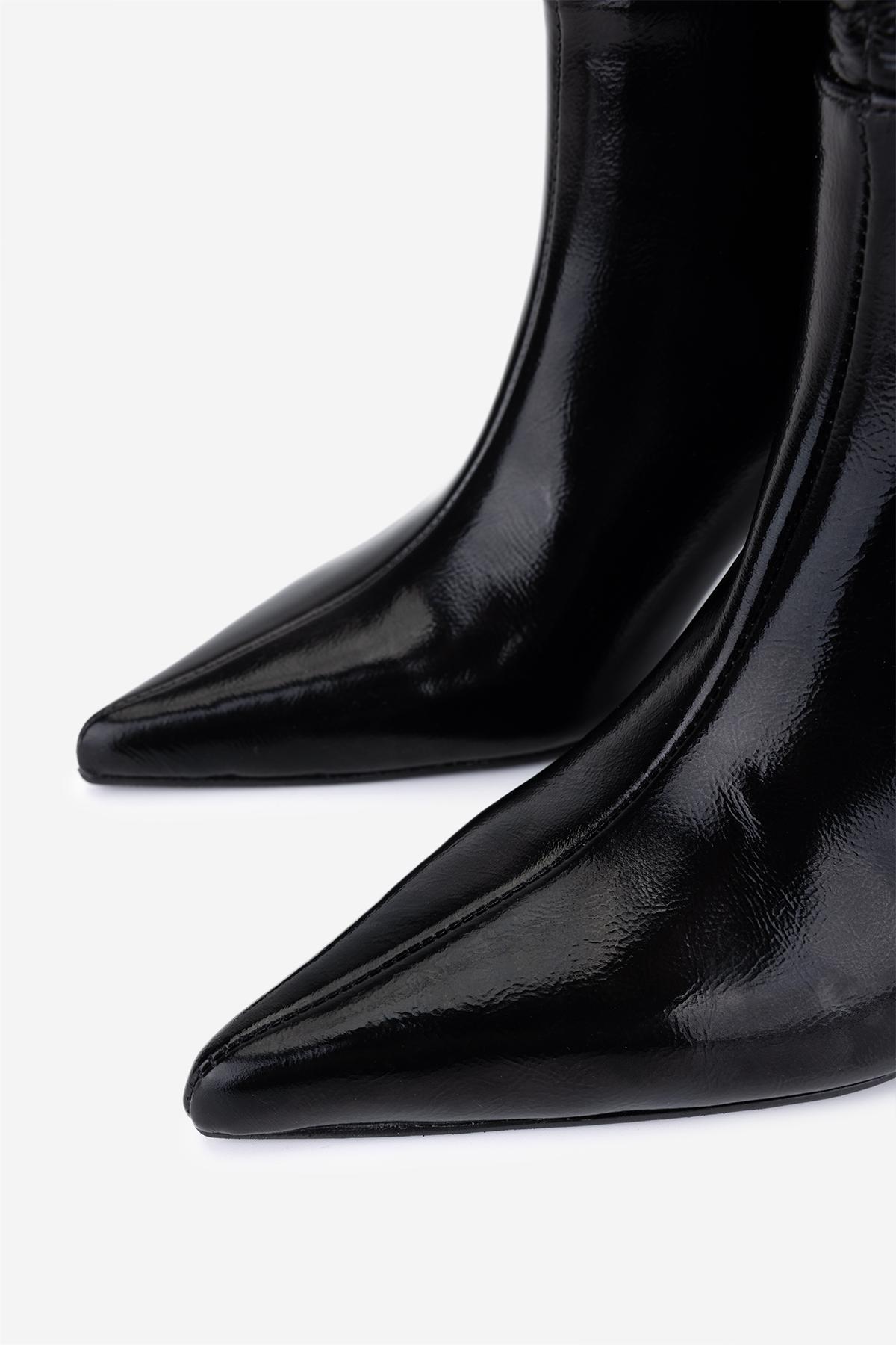 Valmenti Kadın Hakiki Deri Siyah Kırışık Rugan Topuklu Bot