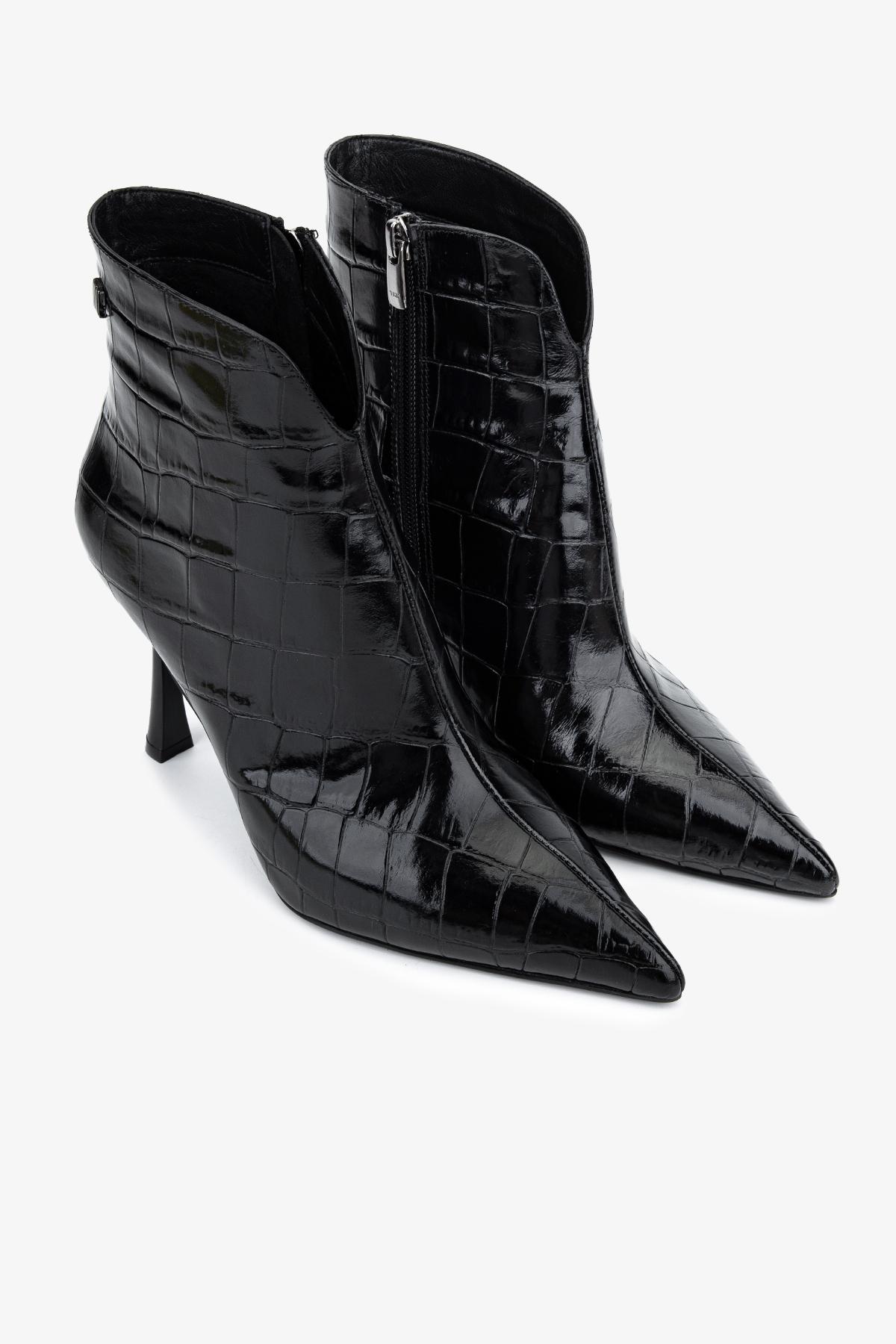 Valmenti Kadın Hakiki Deri Siyah Kroko Topuklu Bot