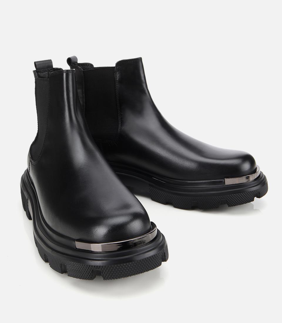 Erkek Deri Siyah Lastik Detaylı Yüksek Tabanlı Chelsea Bot