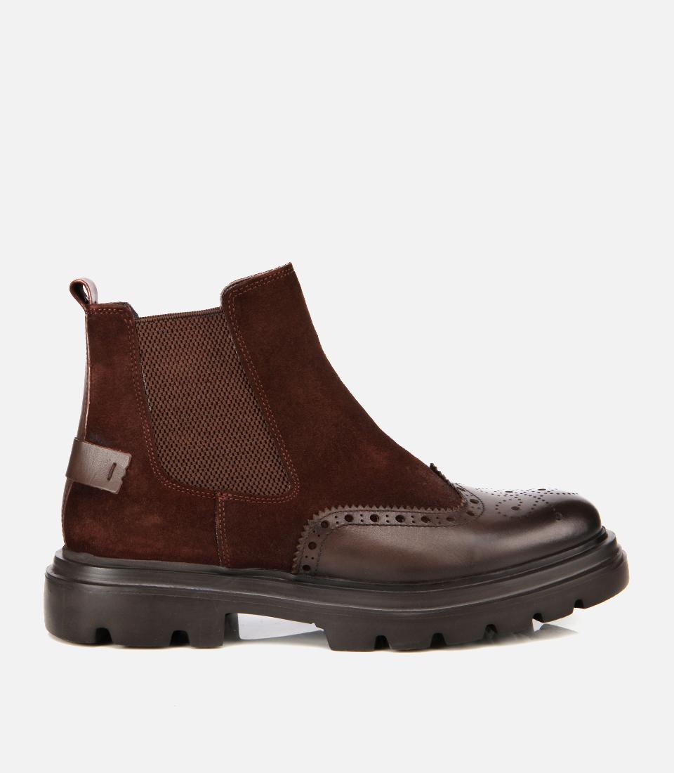 Erkek Süet Deri Kahverengi Lastik Detaylı İşlemeli Chelsea Bot