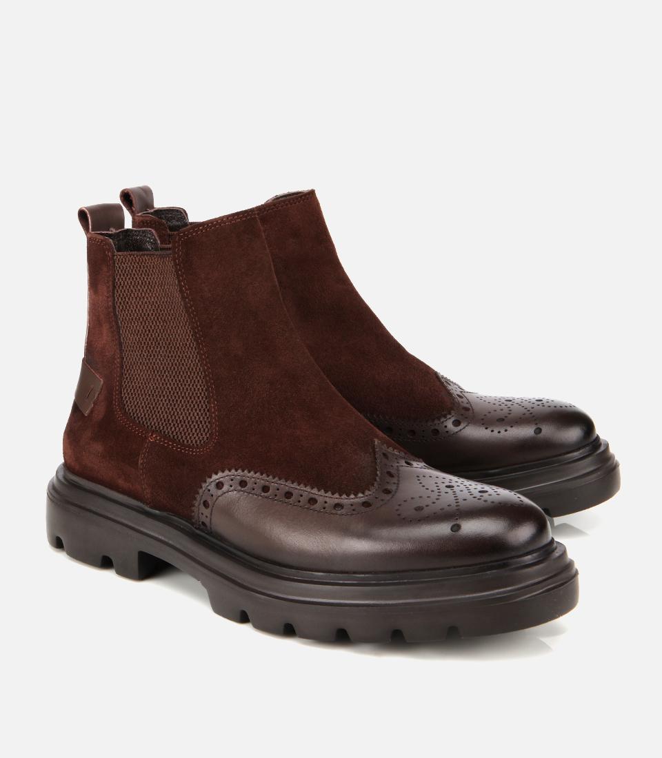 Erkek Süet Deri Kahverengi Lastik Detaylı İşlemeli Chelsea Bot