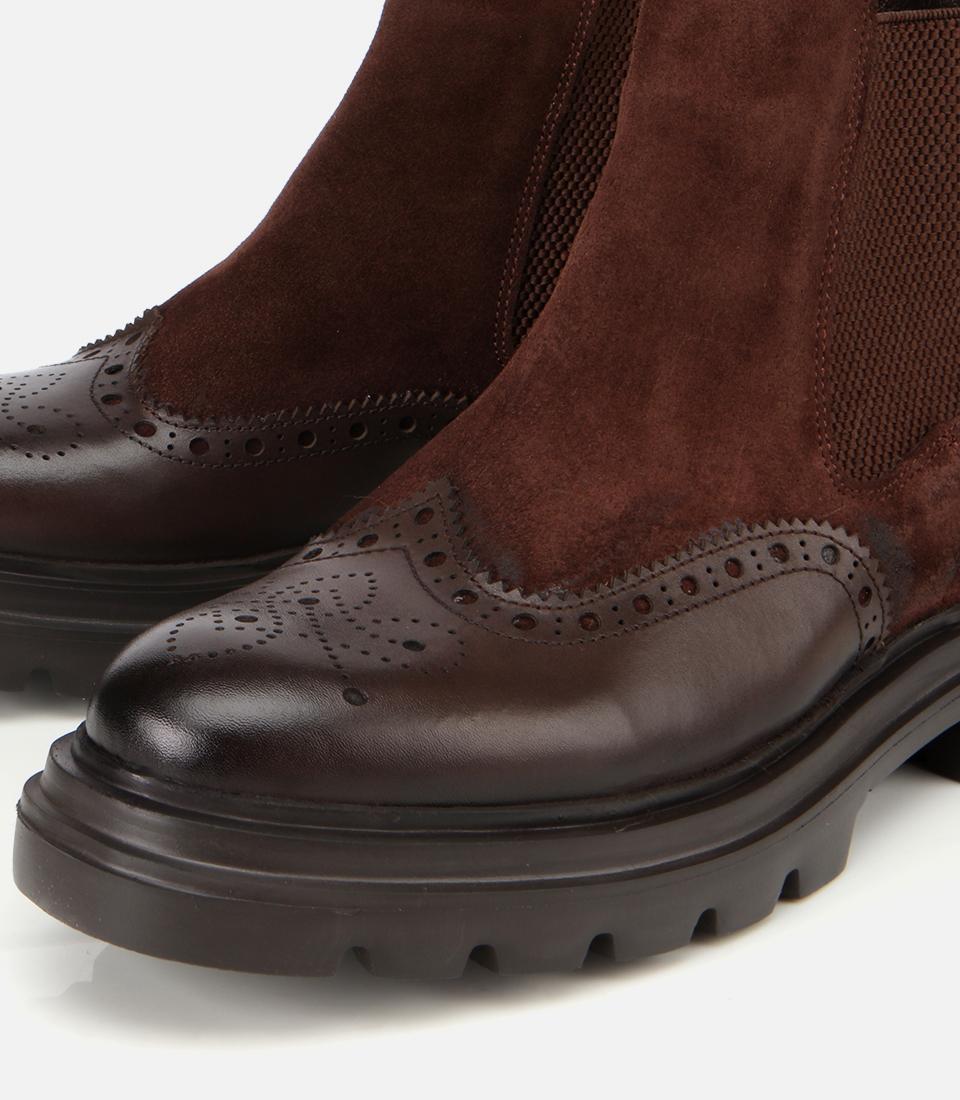 Erkek Süet Deri Kahverengi Lastik Detaylı İşlemeli Chelsea Bot