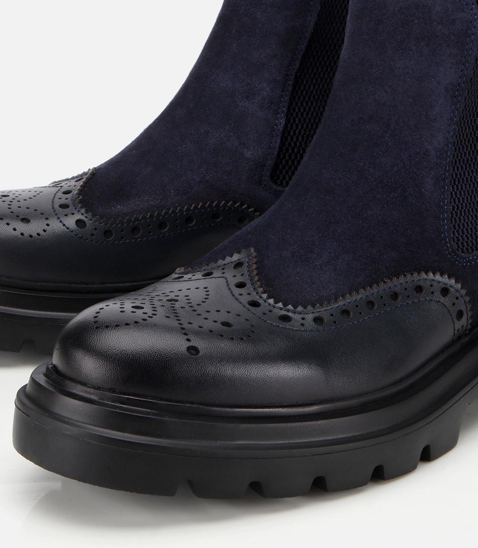 Erkek Süet Deri Lacivert Lastik Detaylı İşlemeli Chelsea Bot