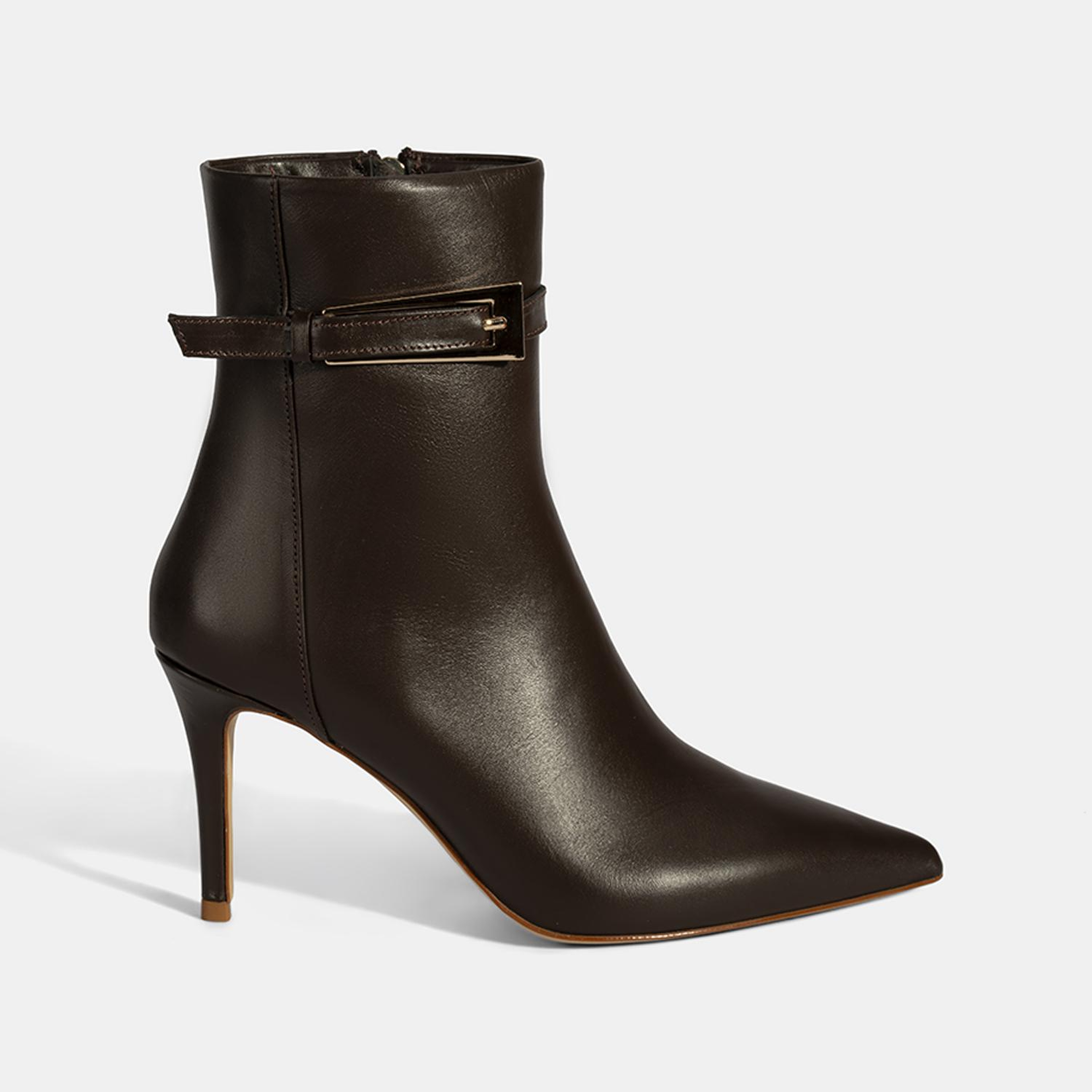 Kadın Kahve Metal Tokalı İnce Topuklu Deri Bot