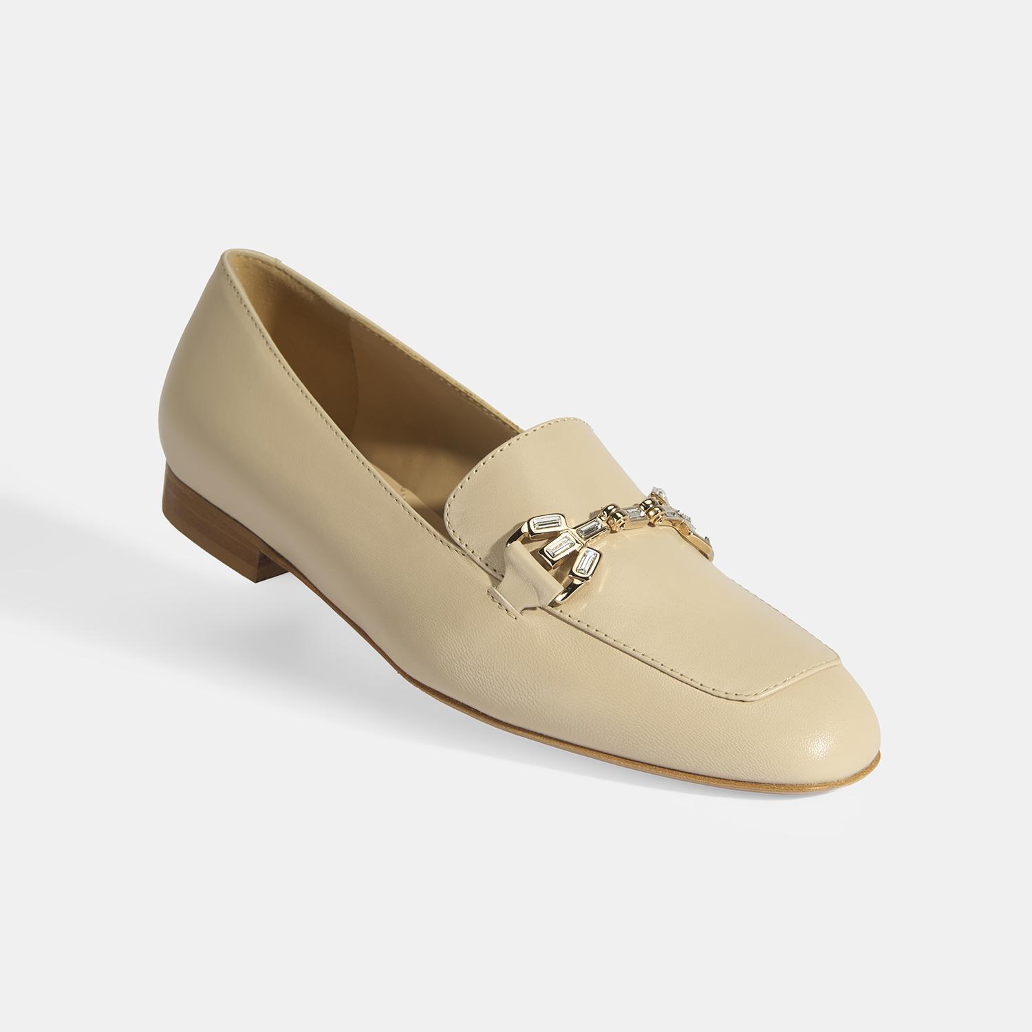 Luca Grossi Kadın Bej Taşlı Toka Aksesuarlı Deri Loafer