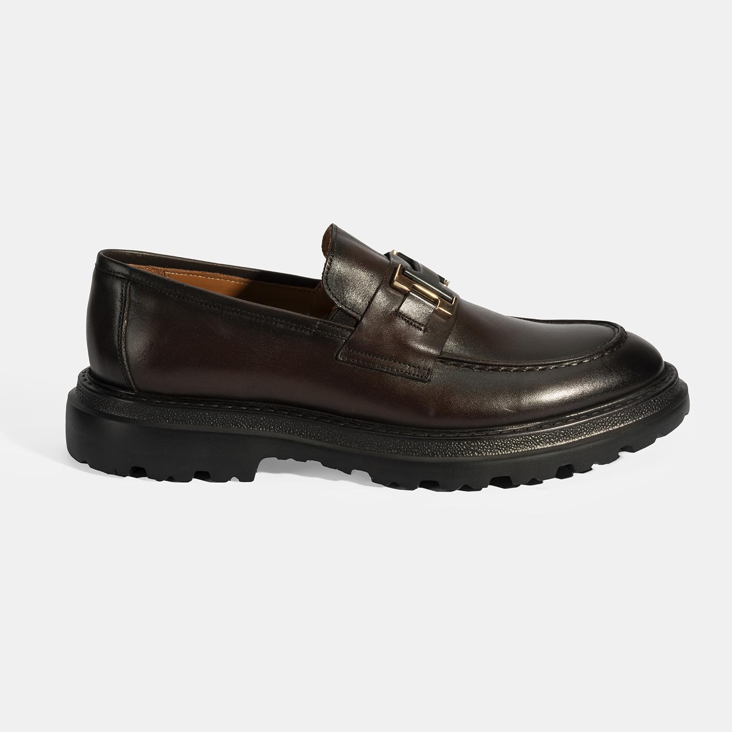 Erkek Kahve Metal Toka Detaylı Deri Loafer