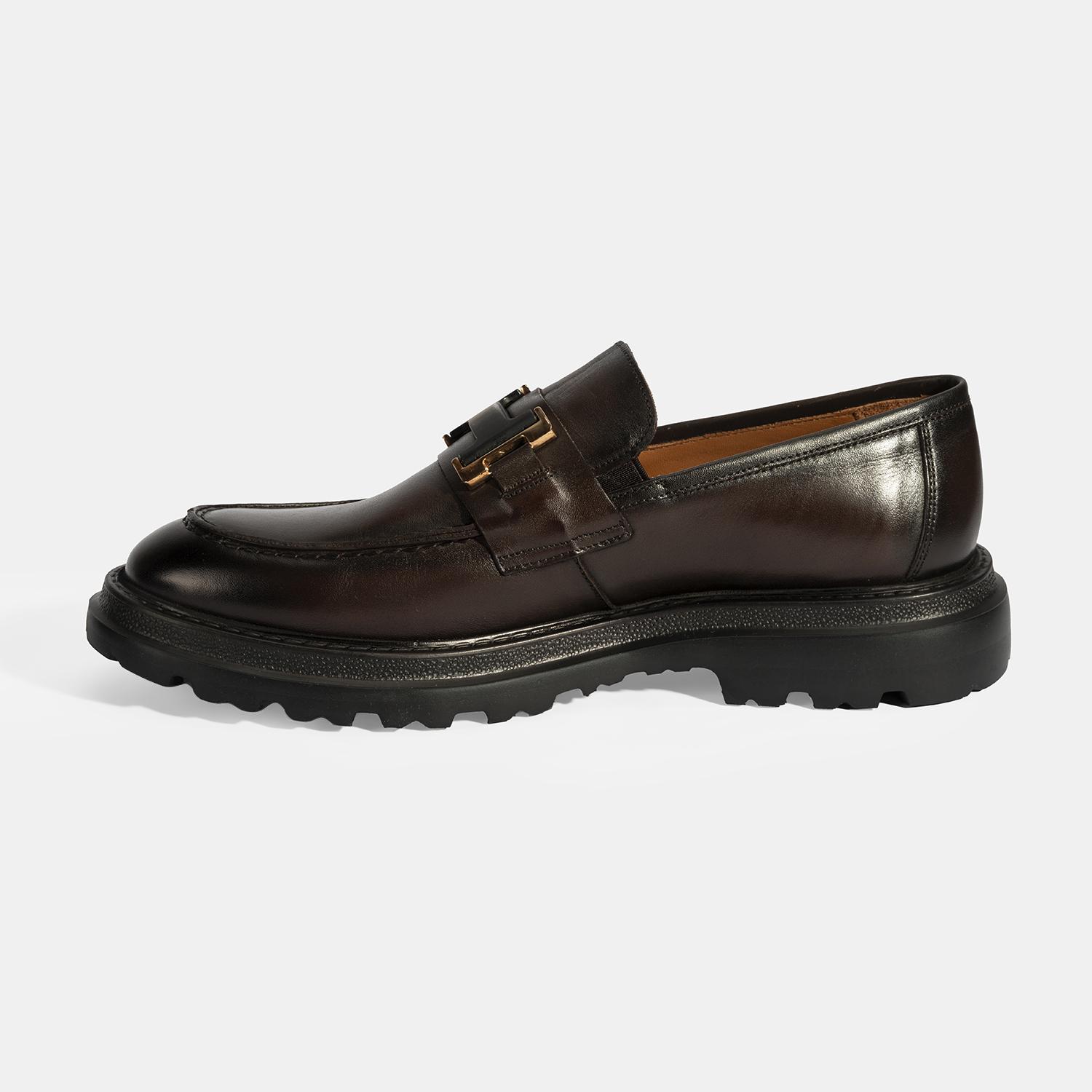Erkek Kahve Metal Toka Detaylı Deri Loafer