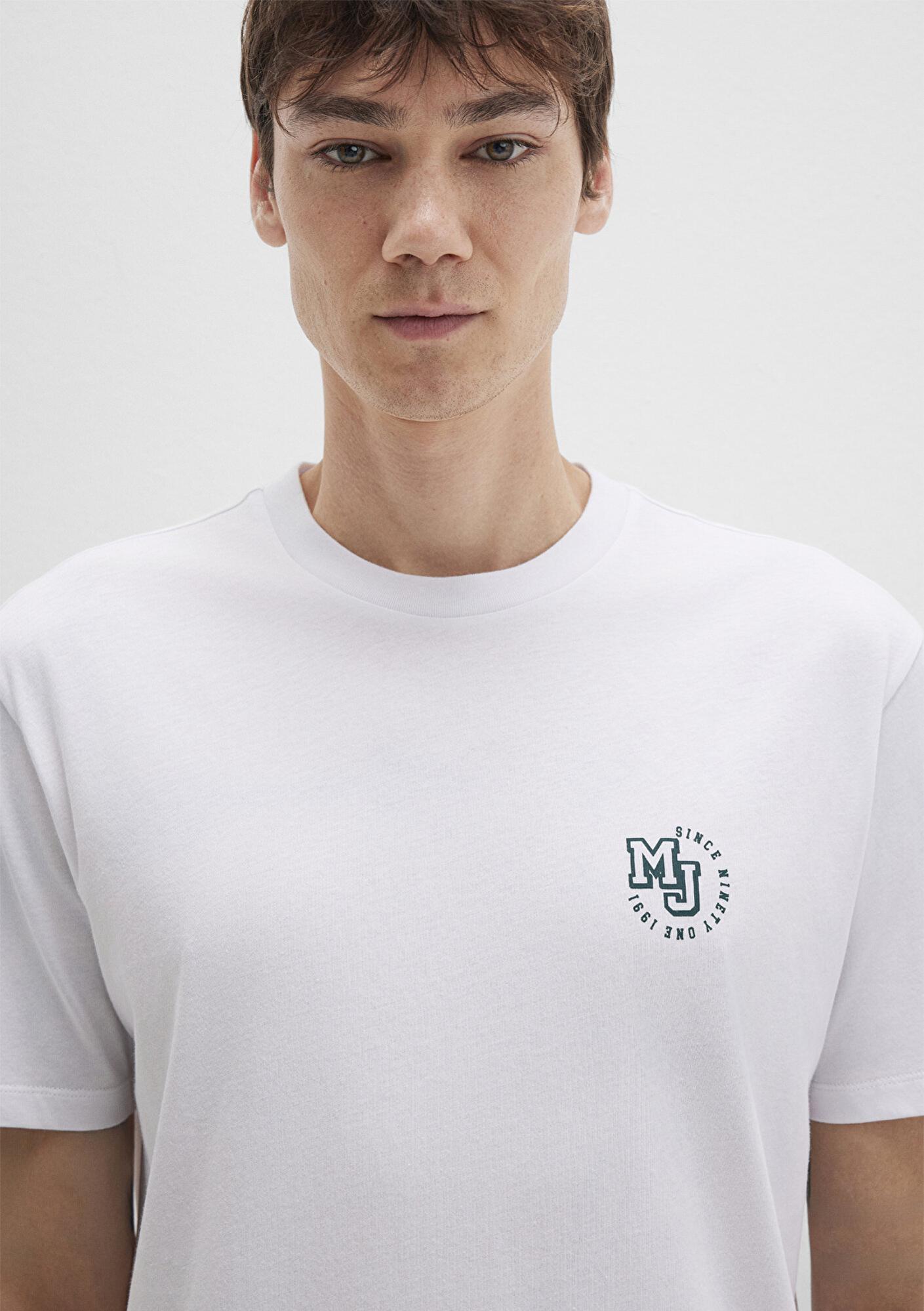 Mavi MJ Logo Baskılı Beyaz Tişört Loose Fit / Bol Rahat Kesim 0612839-620