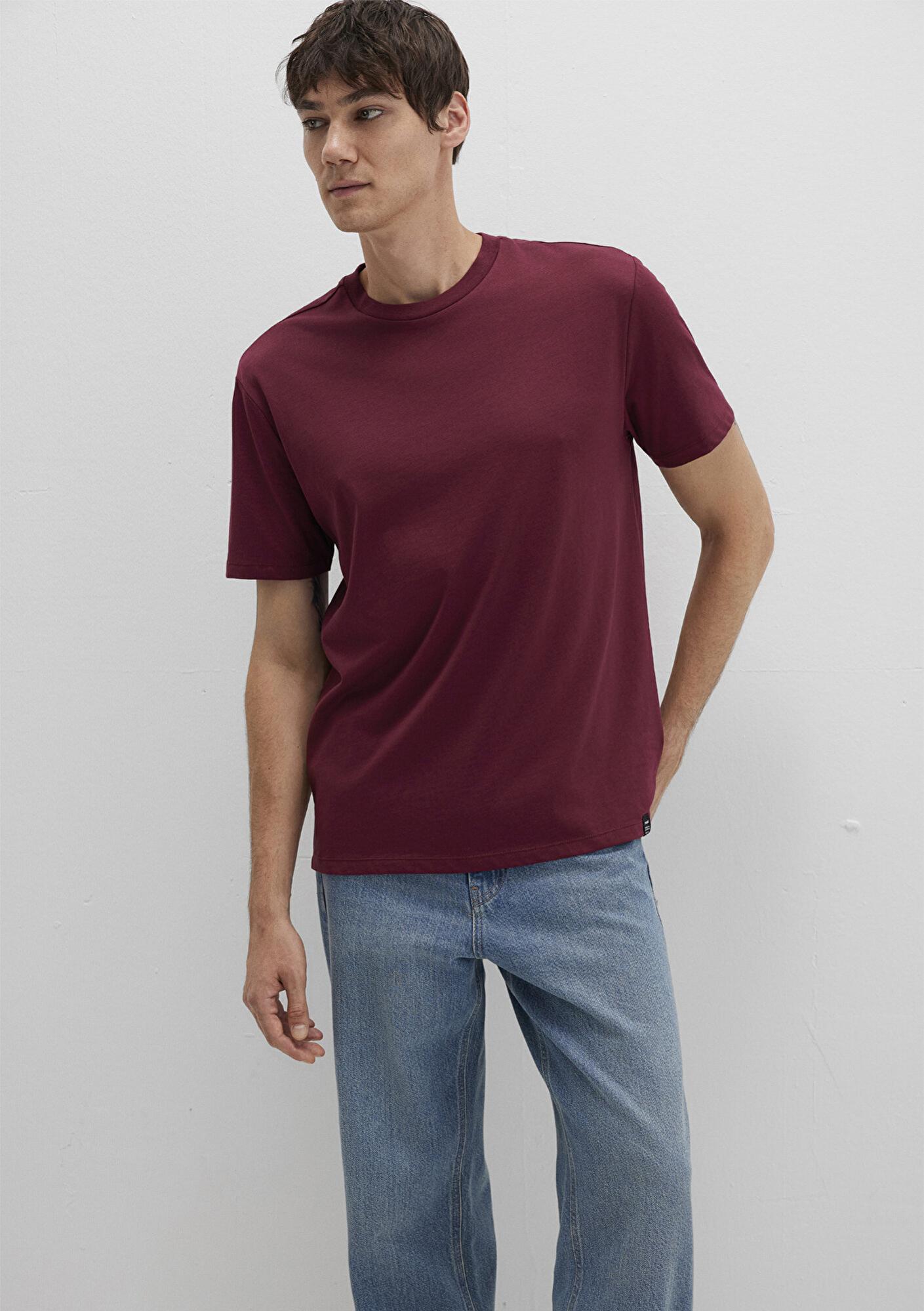 Mavi Etiket Detaylı Bordo Basic Tişört Loose Fit / Bol Rahat Kesim 0611824-70394