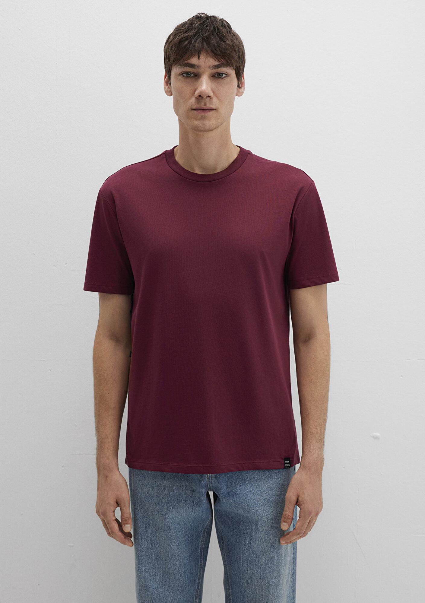 Mavi Etiket Detaylı Bordo Basic Tişört Loose Fit / Bol Rahat Kesim 0611824-70394