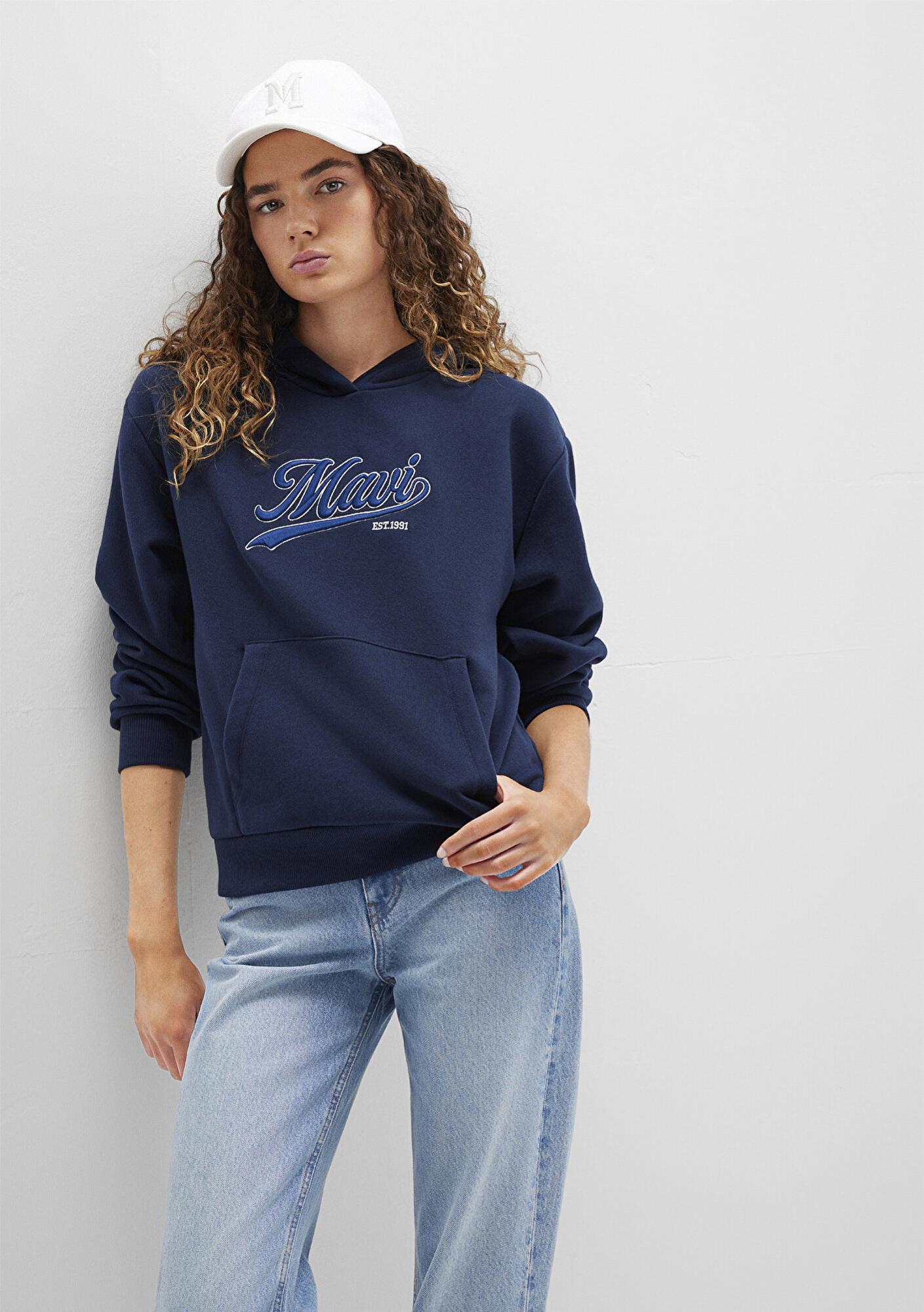 Mavi Mavi Logo Baskılı Kapüşonlu Lacivert Sweatshirt 1S10420-82318