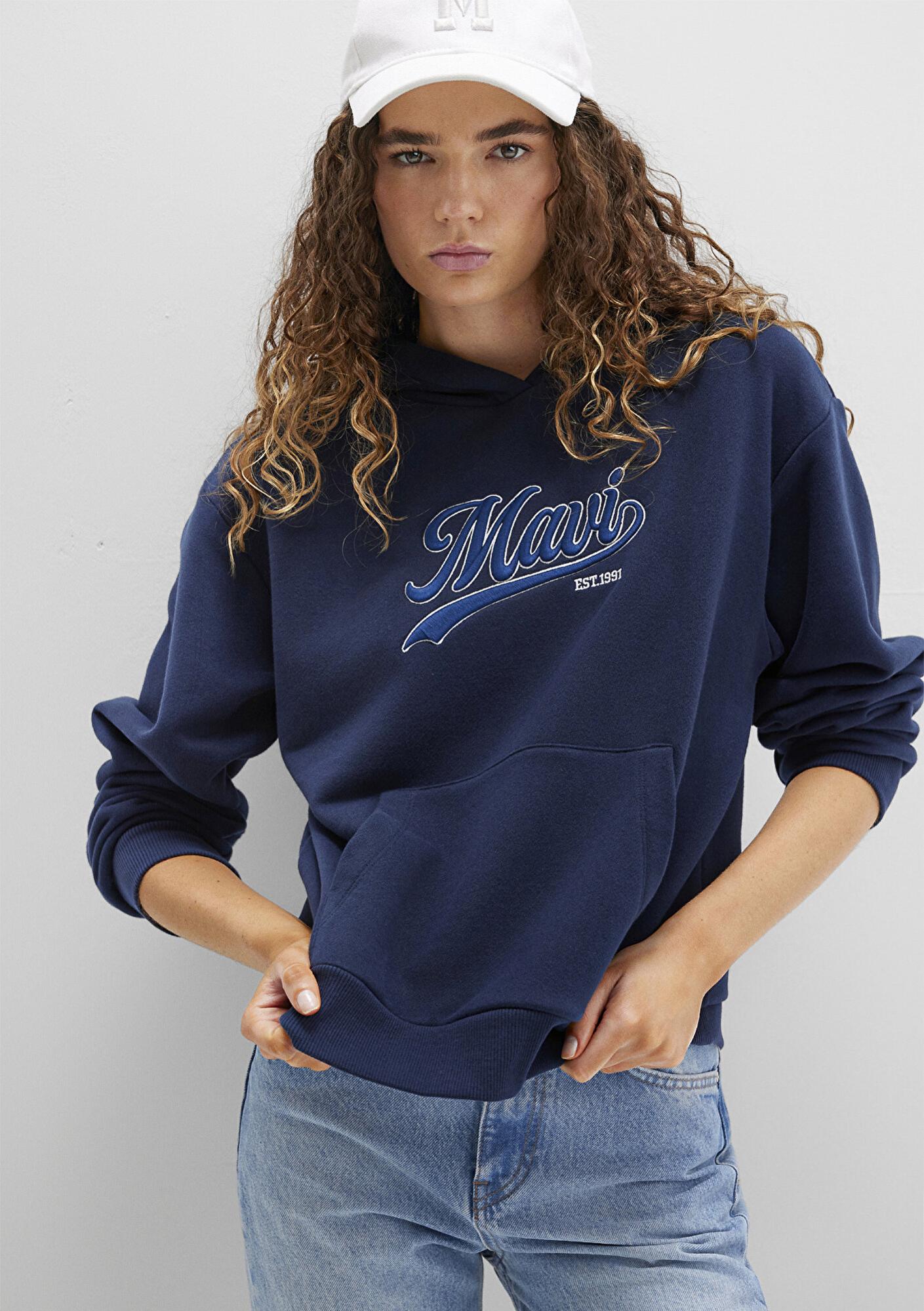 Mavi Mavi Logo Baskılı Kapüşonlu Lacivert Sweatshirt 1S10420-82318