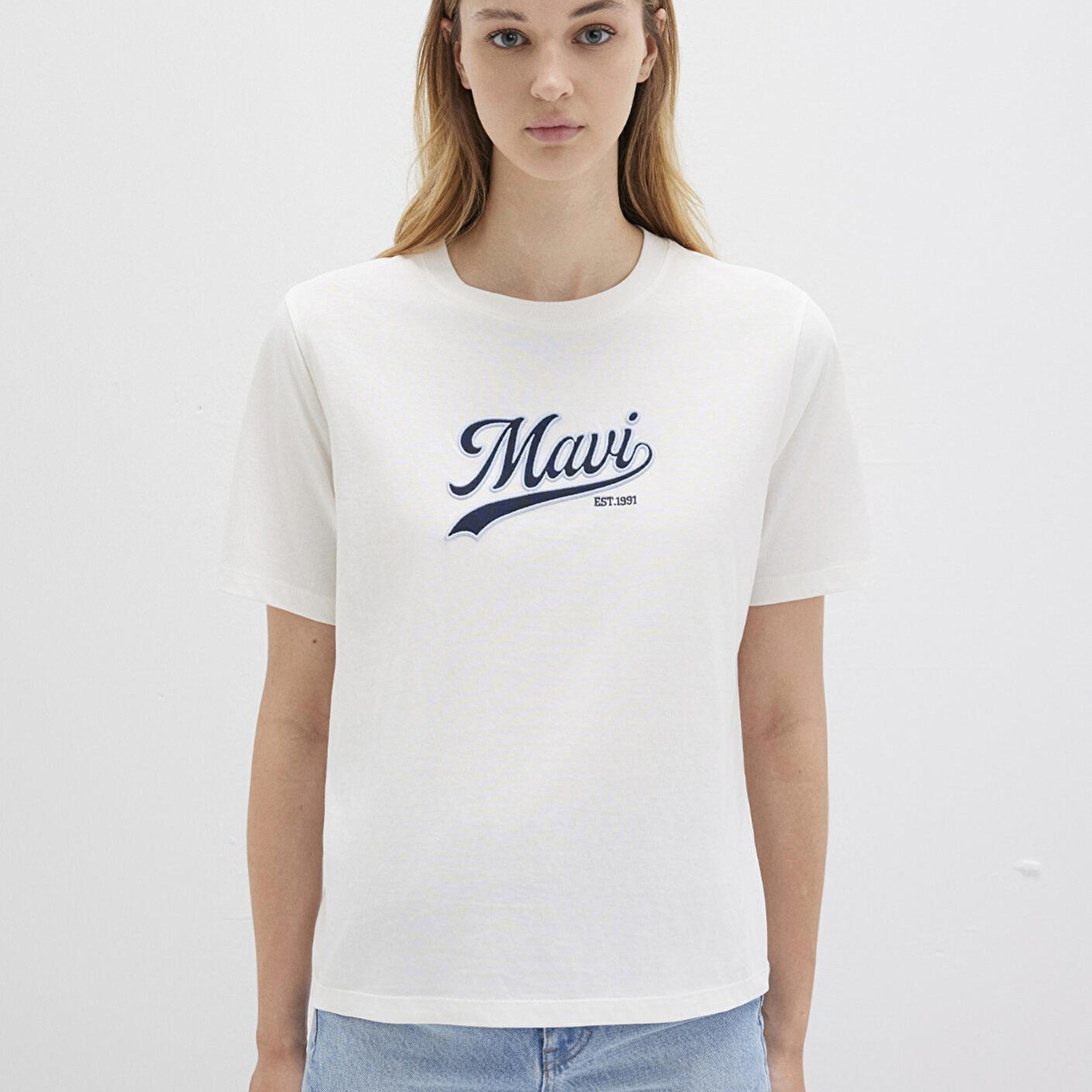 Mavi Mavi Logo Baskılı Ekru Tişört Regular Fit / Normal Kesim 1613565-80194