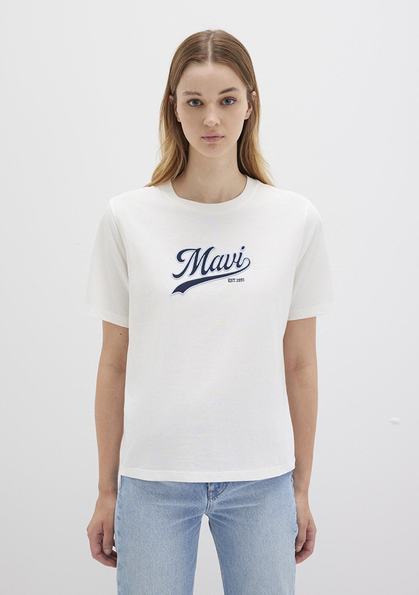 Mavi Mavi Logo Baskılı Ekru Tişört Regular Fit / Normal Kesim 1613565-80194