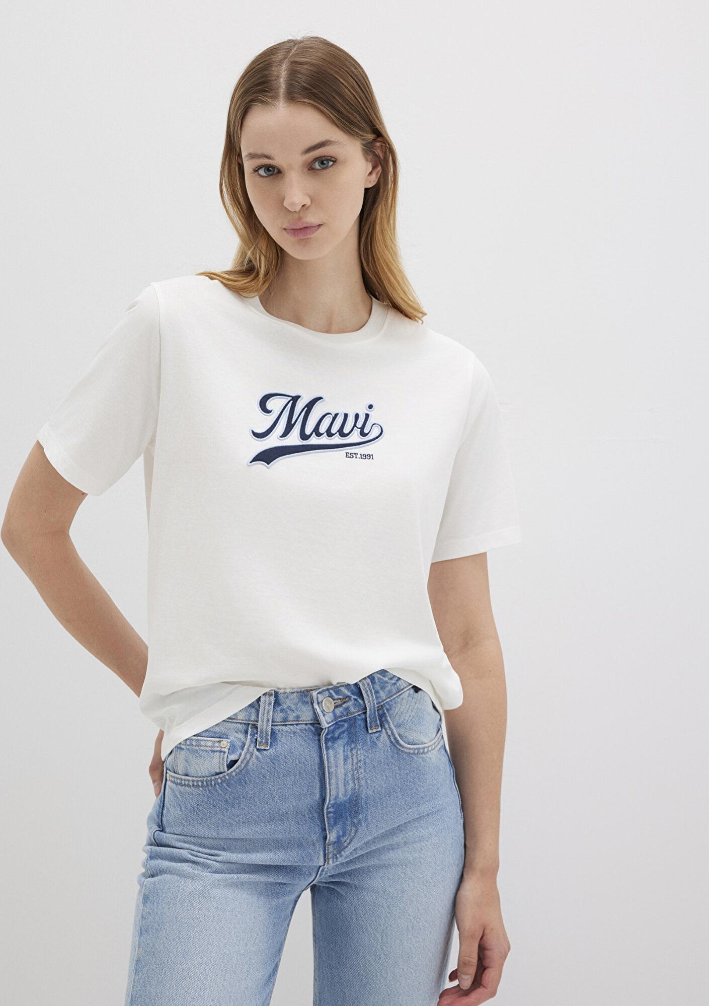 Mavi Mavi Logo Baskılı Ekru Tişört Regular Fit / Normal Kesim 1613565-80194