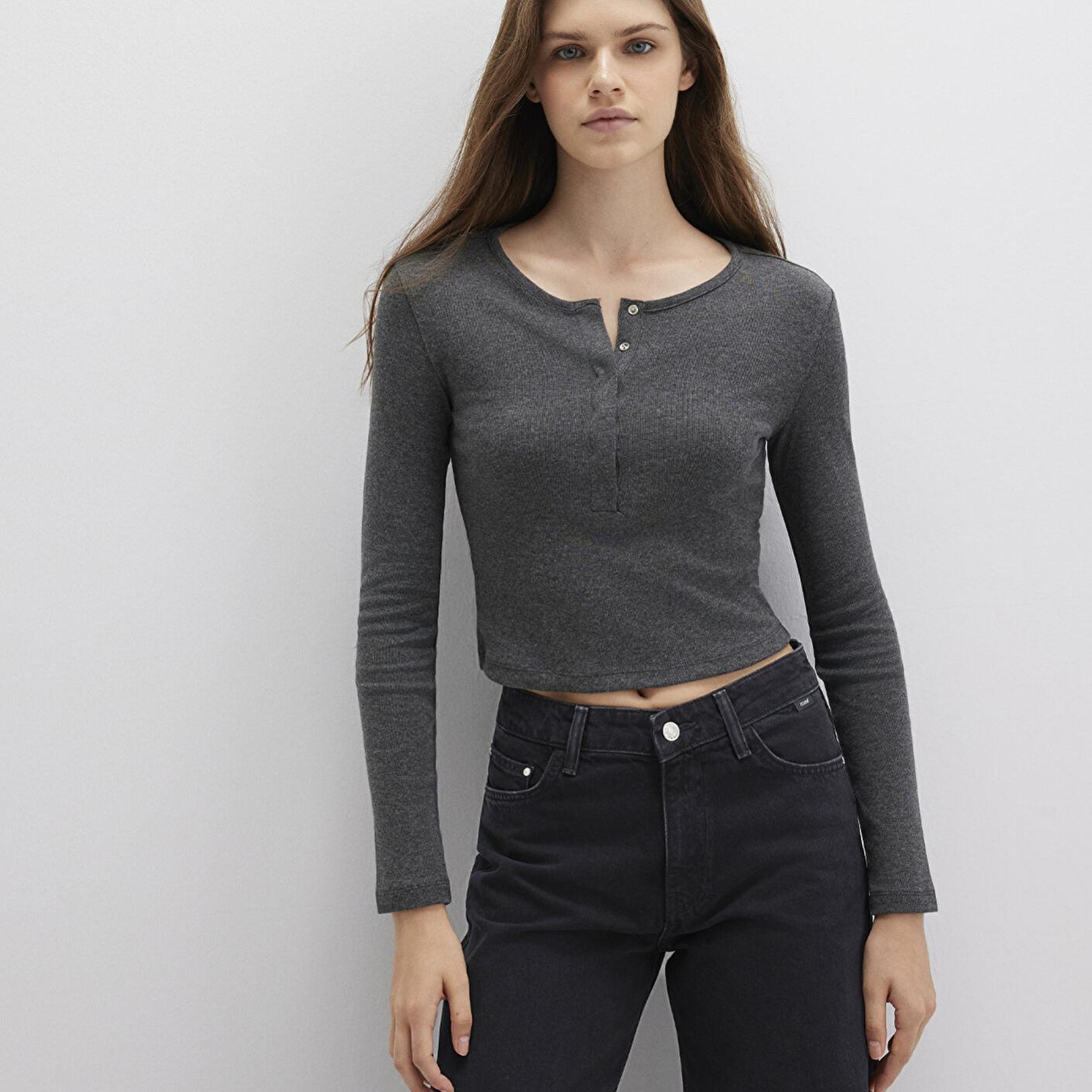 Mavi Uzun Kollu Crop Basic Tişört Crop / Kısa Kesim 1613403-80023