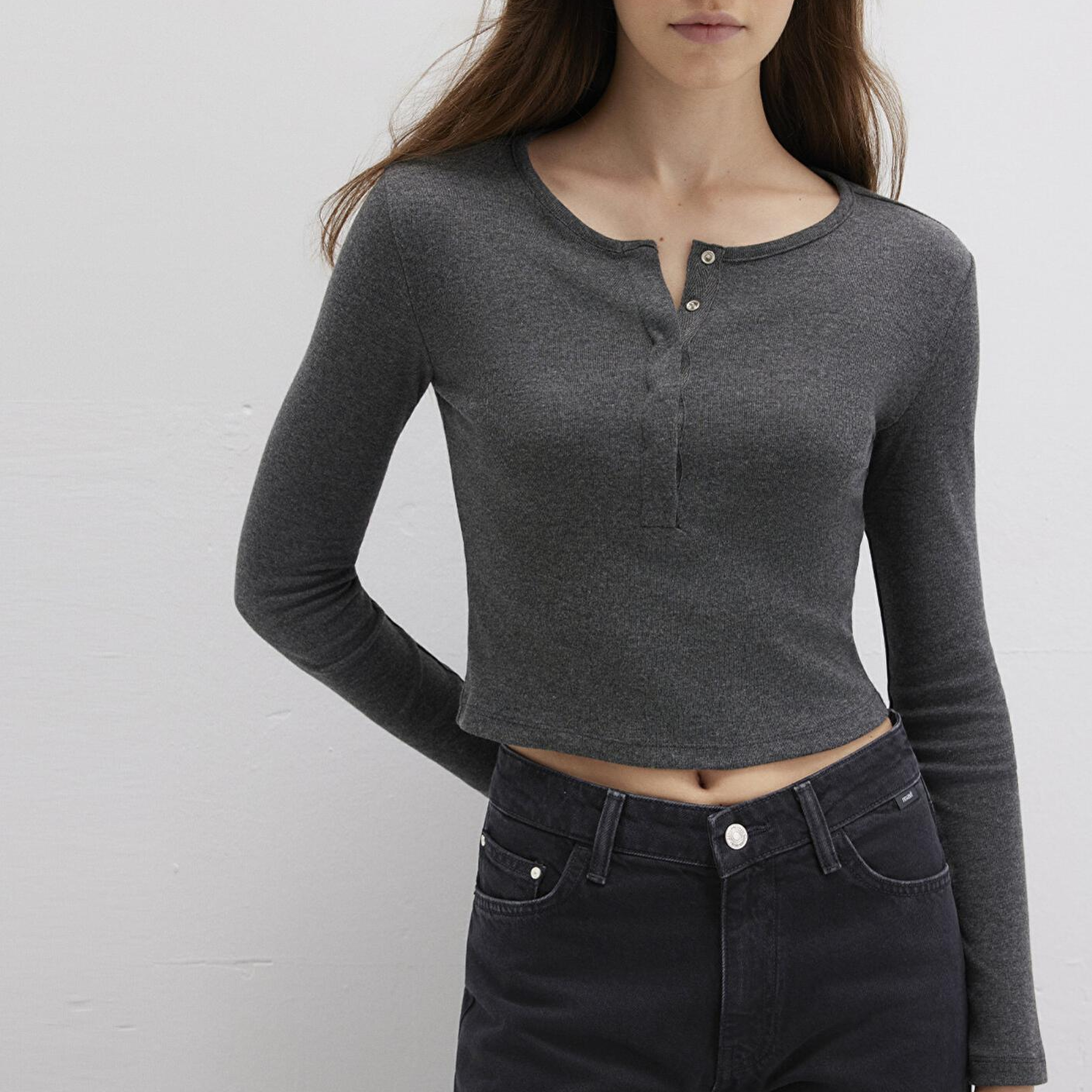 Mavi Uzun Kollu Crop Basic Tişört Crop / Kısa Kesim 1613403-80023