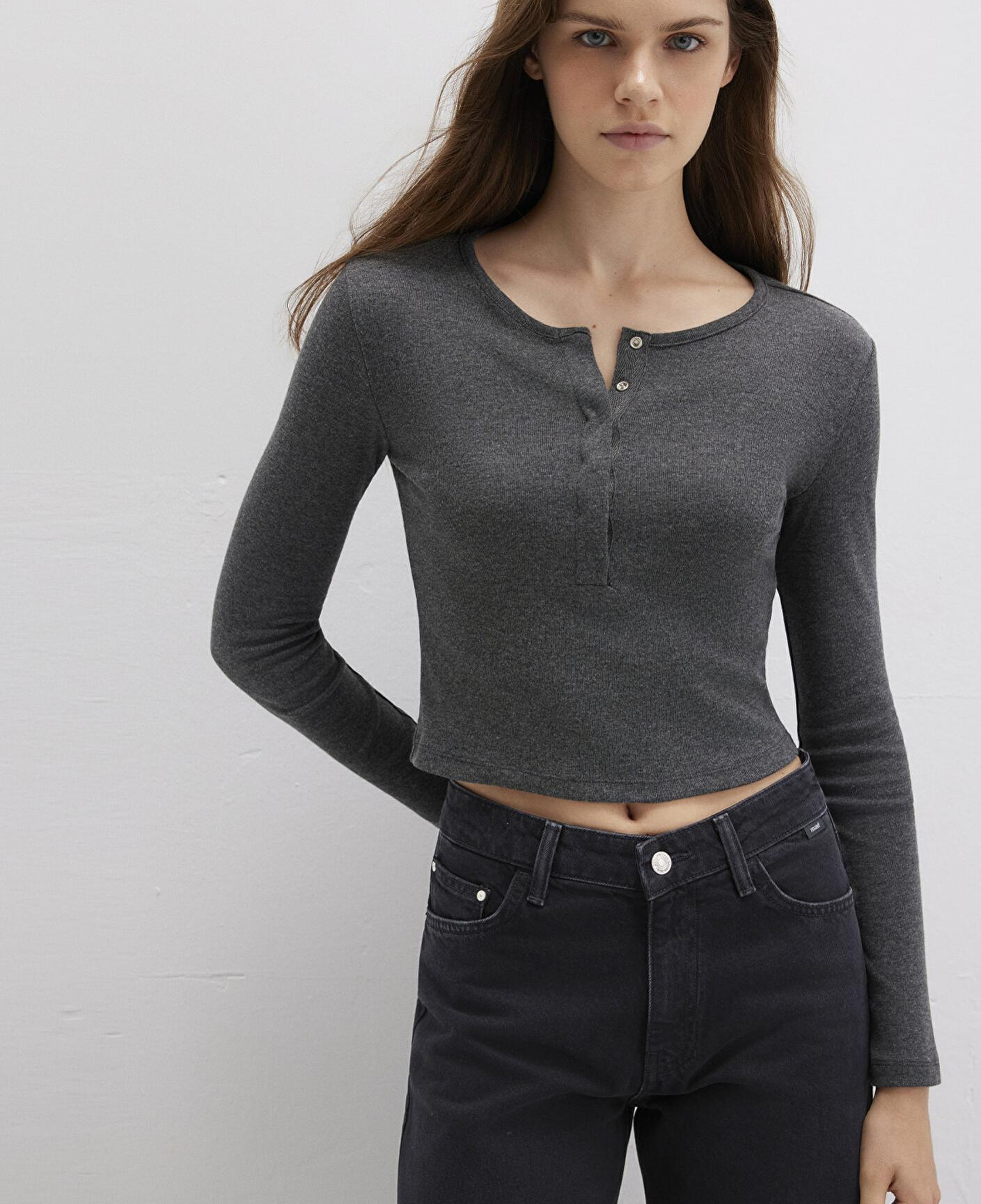 Mavi Uzun Kollu Crop Basic Tişört Crop / Kısa Kesim 1613403-80023