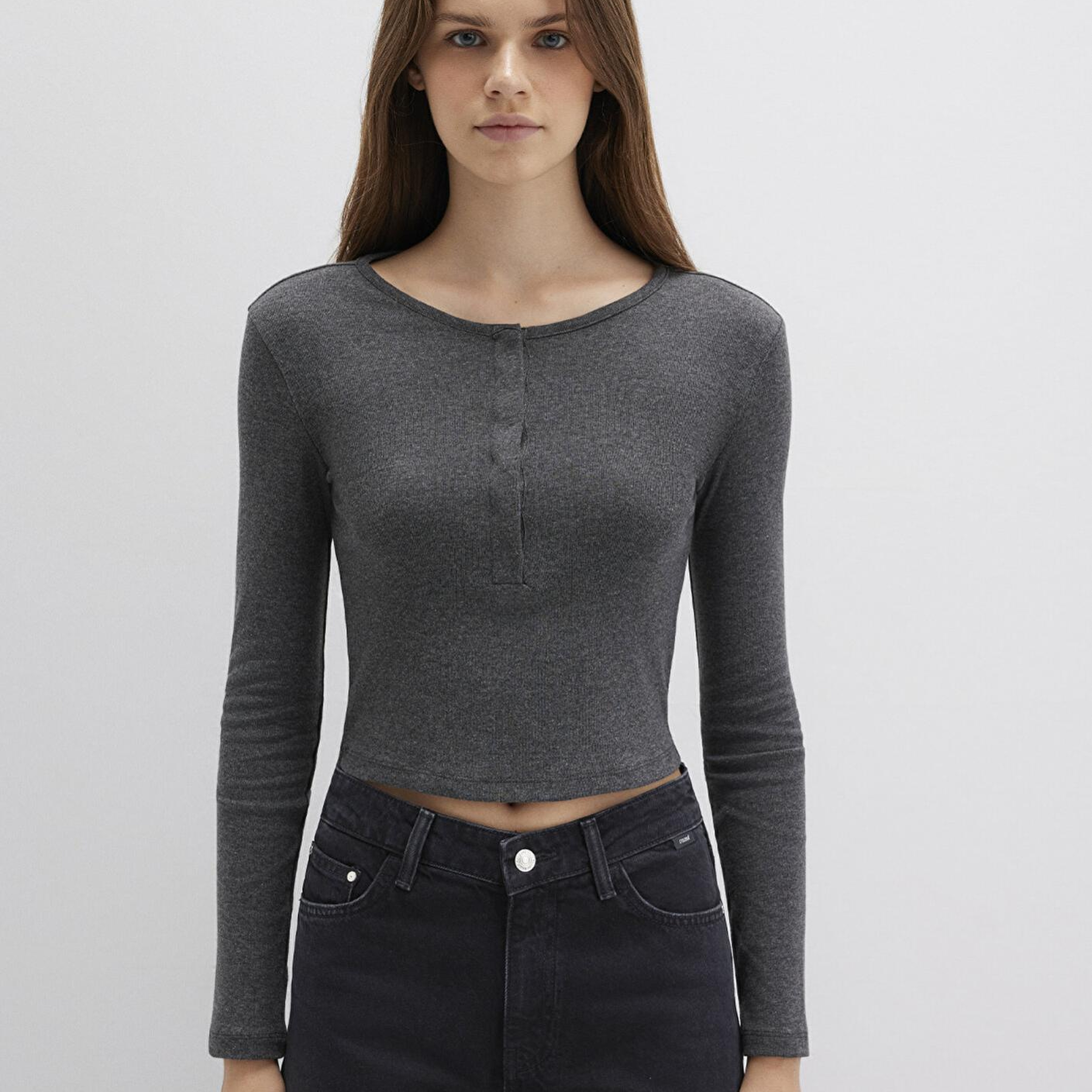 Mavi Uzun Kollu Crop Basic Tişört Crop / Kısa Kesim 1613403-80023