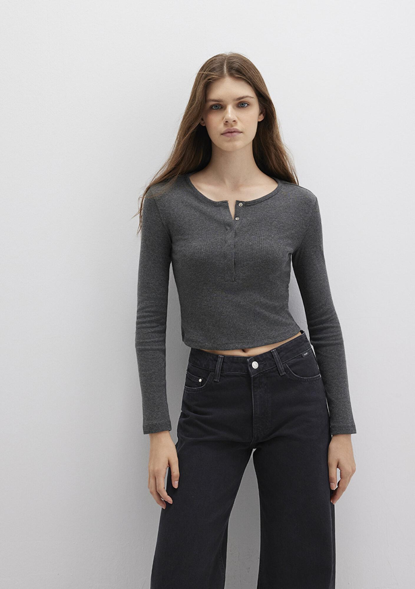 Mavi Uzun Kollu Crop Basic Tişört Crop / Kısa Kesim 1613403-80023