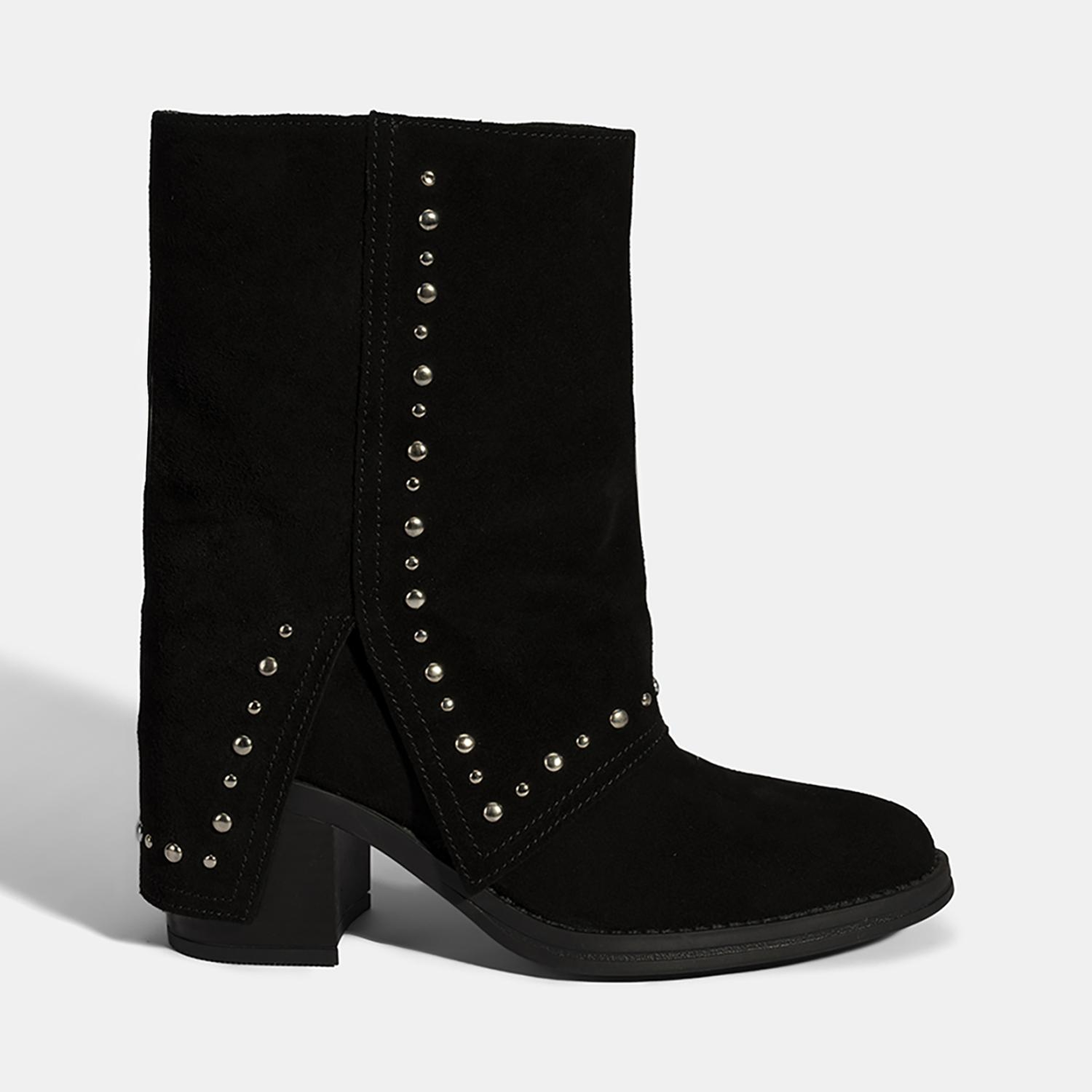 Kadın Siyah Zımba Detaylı Kalın Topuklu Süet Bot