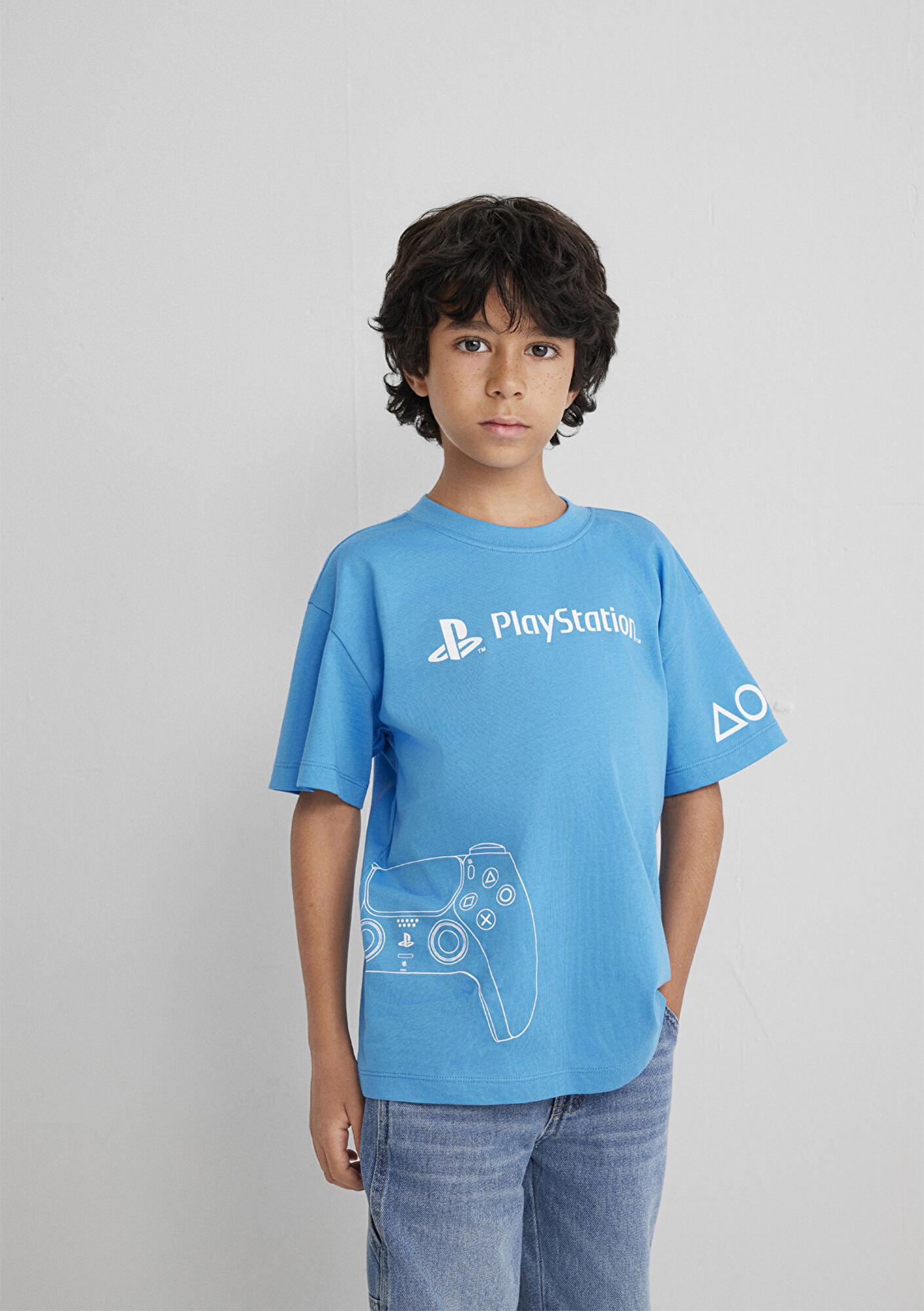 Mavi PlayStation Baskılı Mavi Tişört​ Loose Fit / Bol Rahat Kesim 6610376-70772