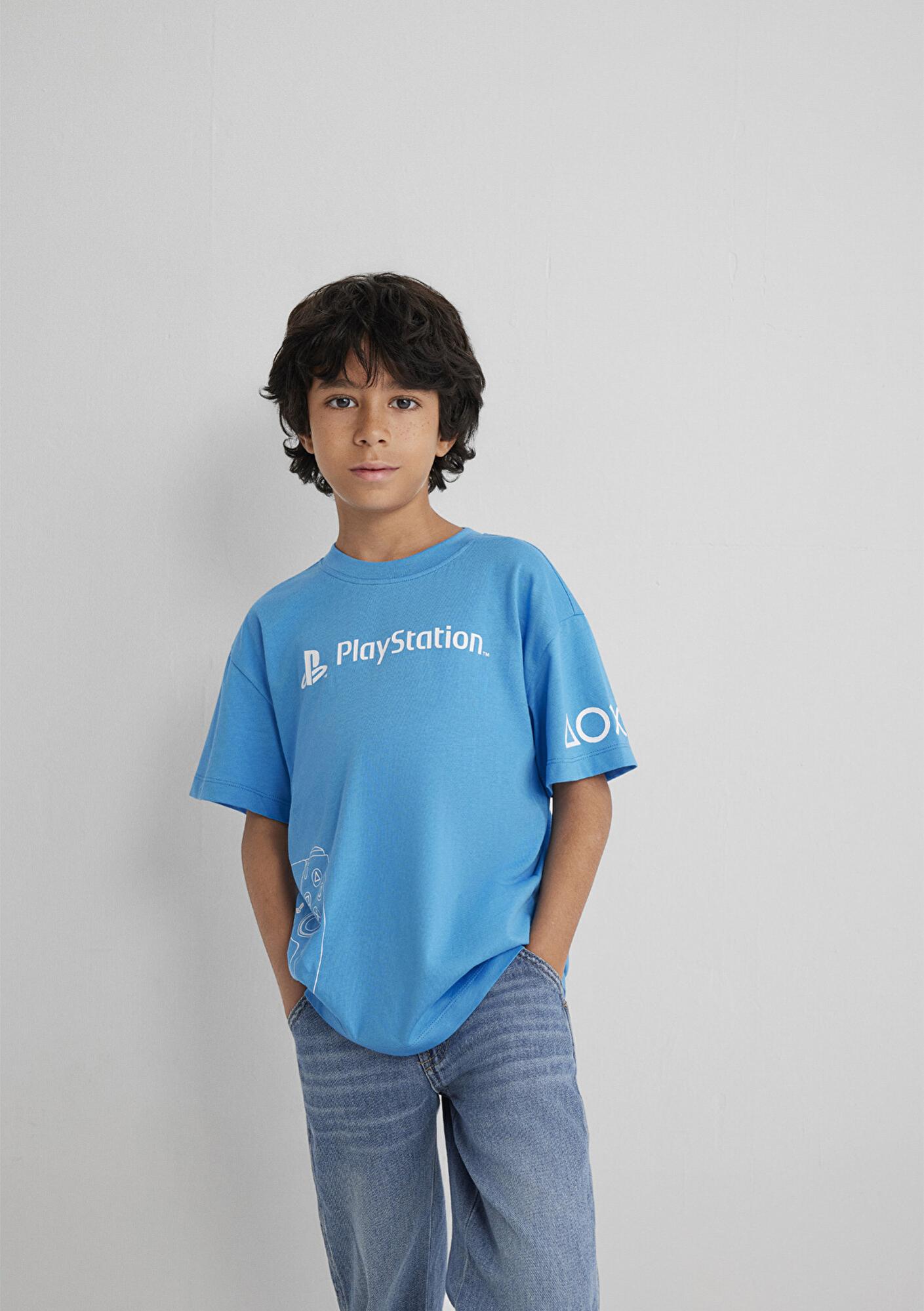 Mavi PlayStation Baskılı Mavi Tişört​ Loose Fit / Bol Rahat Kesim 6610376-70772