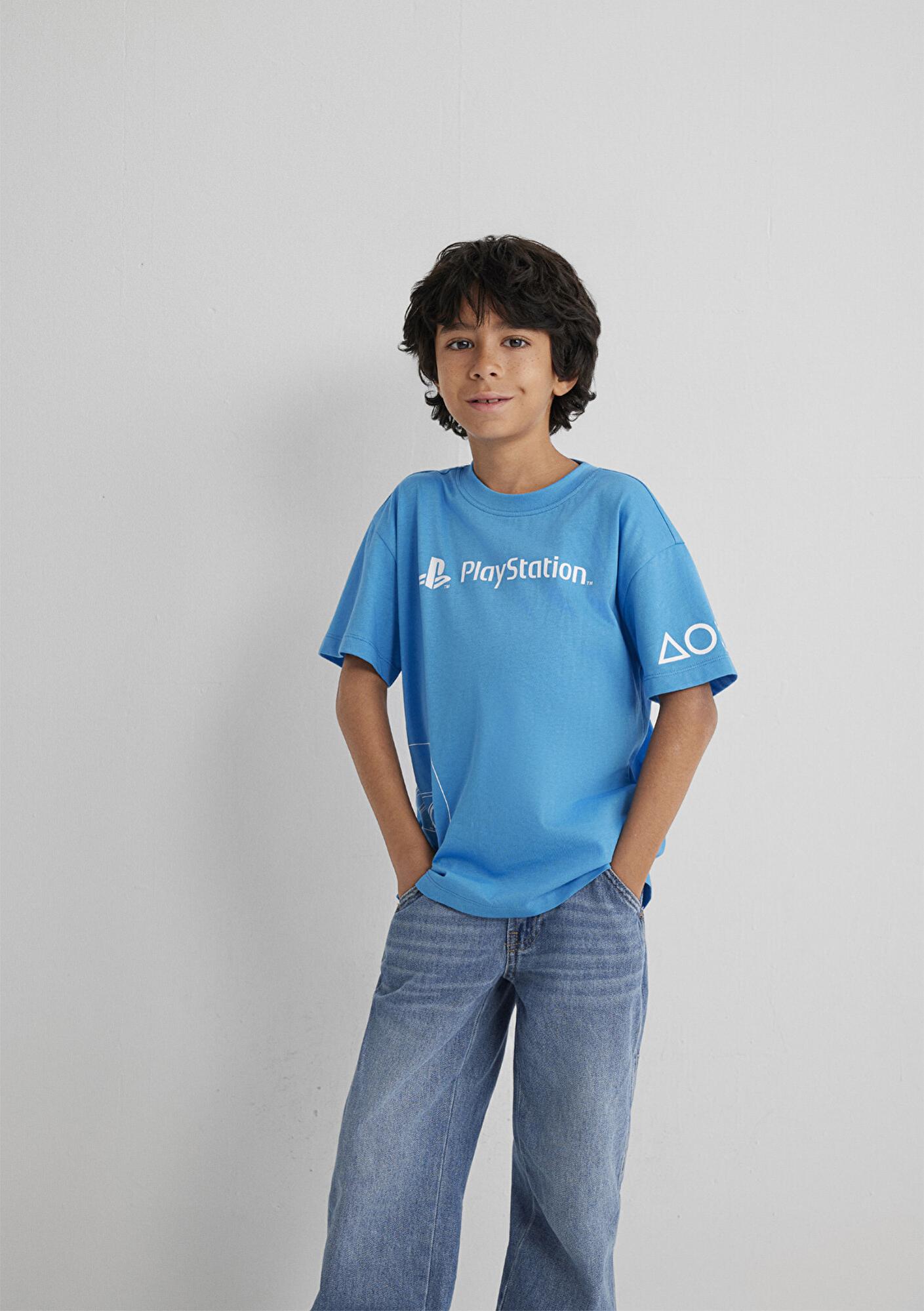 Mavi PlayStation Baskılı Mavi Tişört​ Loose Fit / Bol Rahat Kesim 6610376-70772