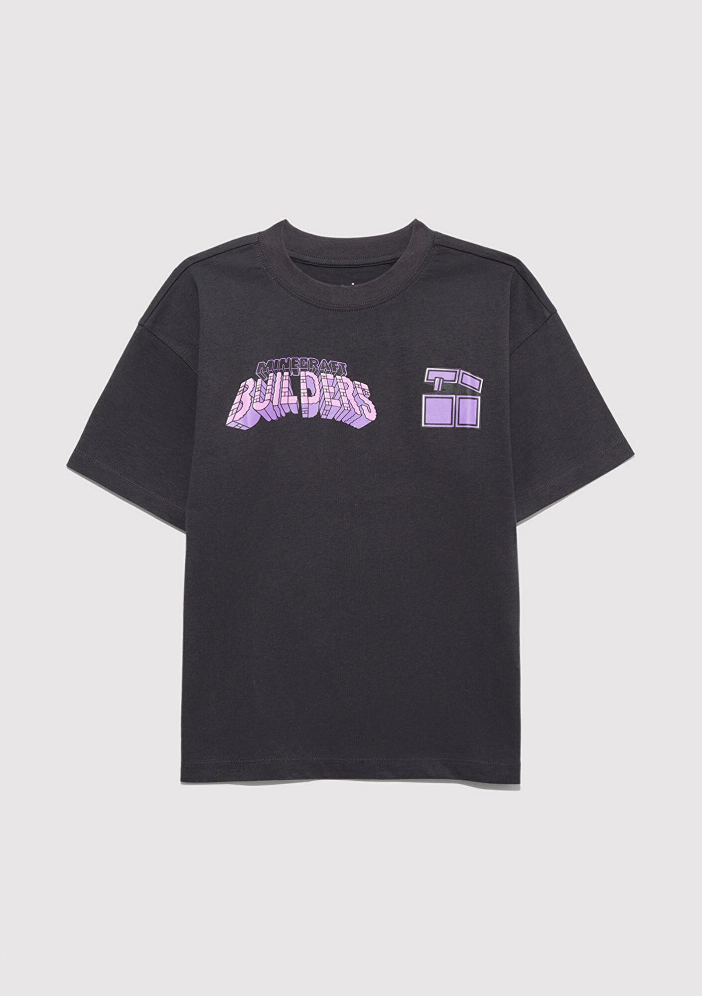 Mavi Minecraft Baskılı Antrasit Tişört Oversize / Geniş Kesim 6610379-70087