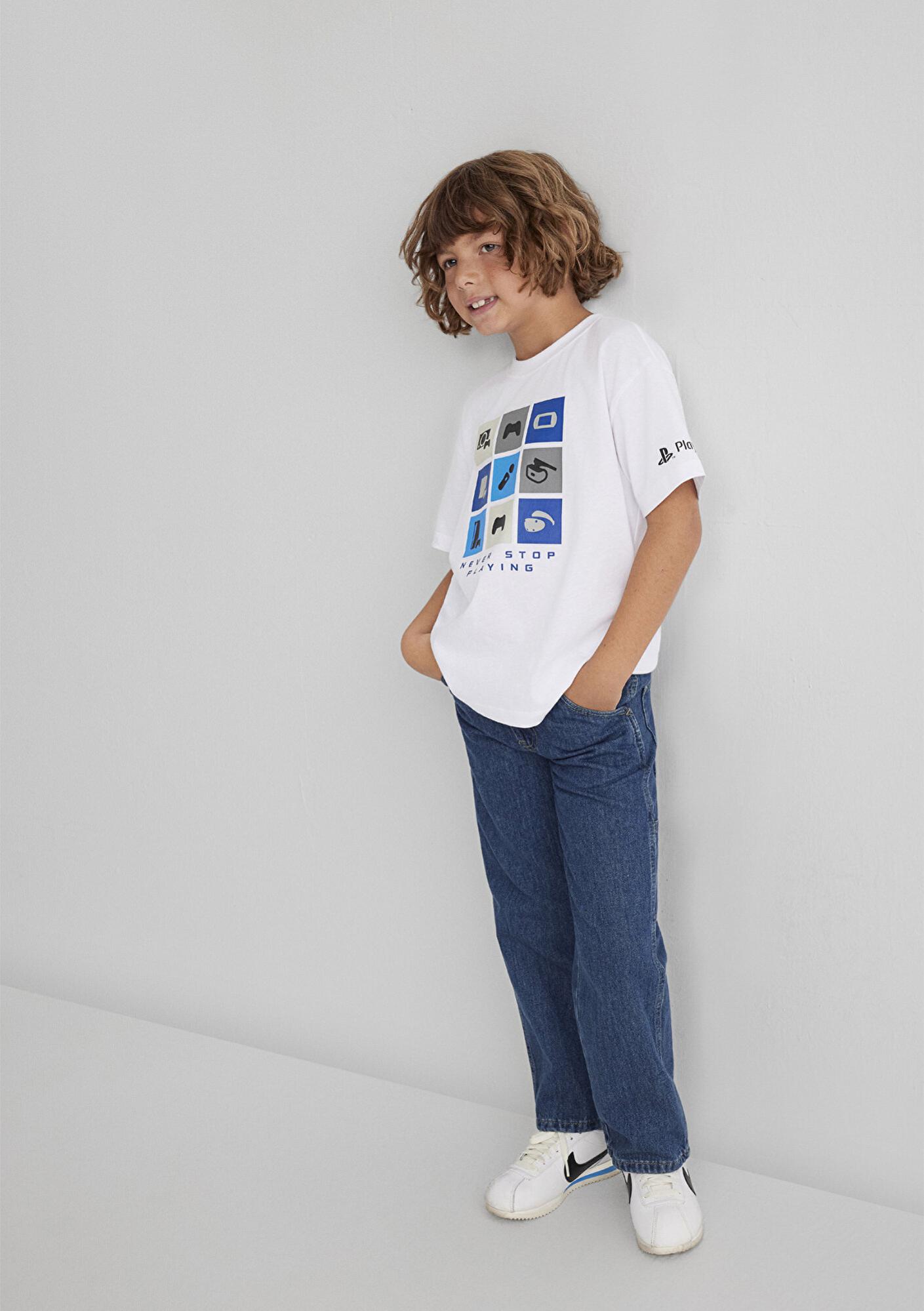 Mavi PlayStation Baskılı Beyaz Tişört Loose Fit / Bol Rahat Kesim 6610374-620