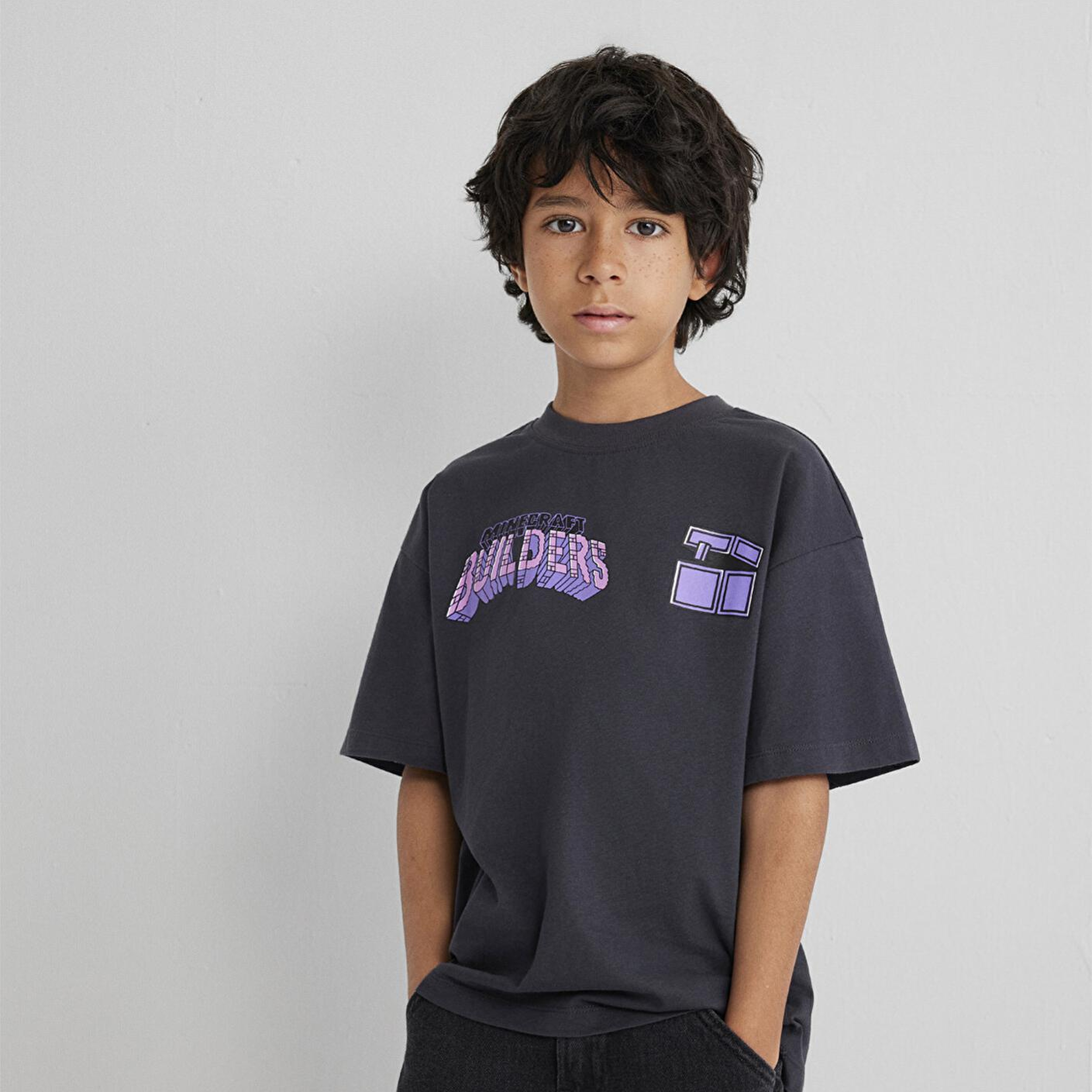 Mavi Minecraft Baskılı Antrasit Tişört Oversize / Geniş Kesim 6610379-70087
