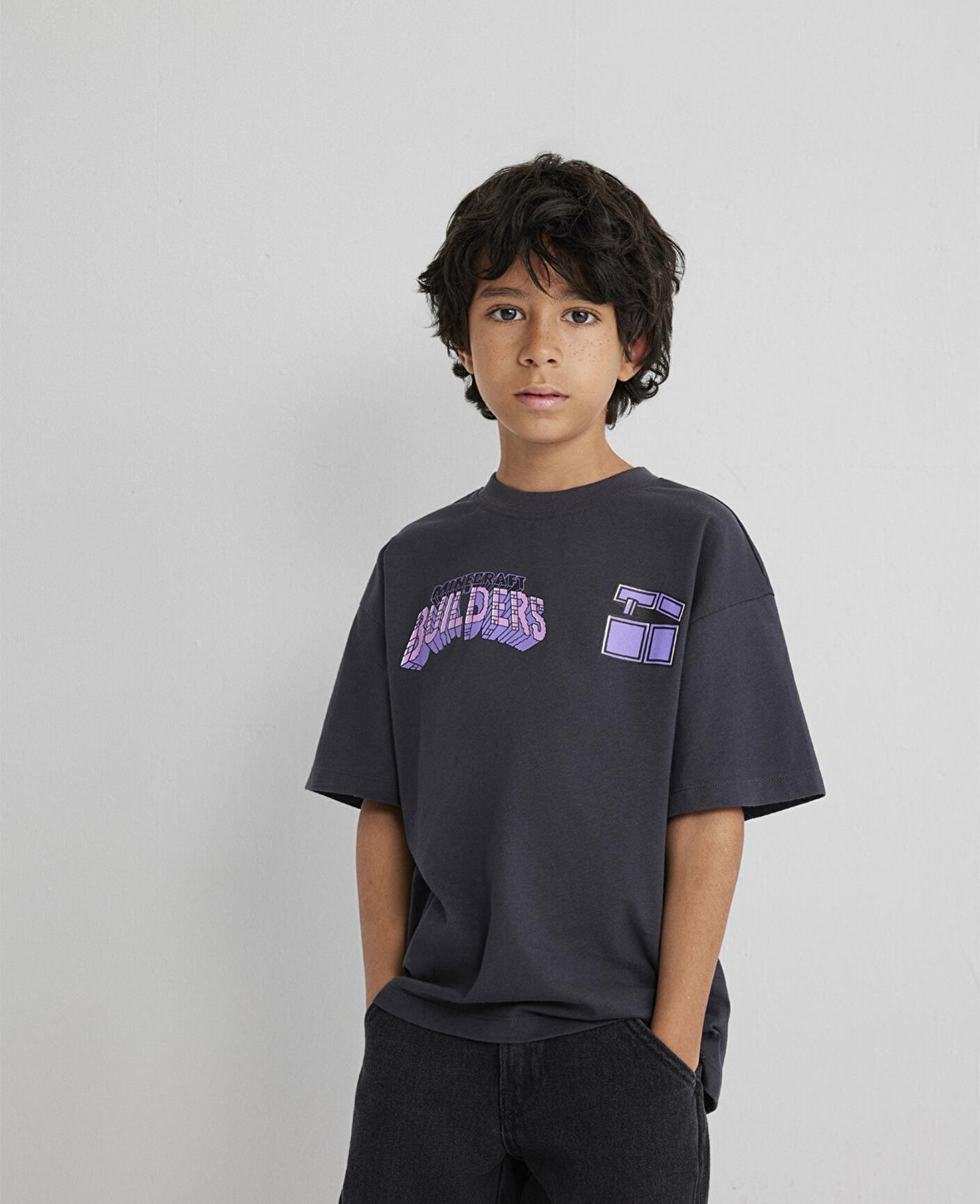 Mavi Minecraft Baskılı Antrasit Tişört Oversize / Geniş Kesim 6610379-70087