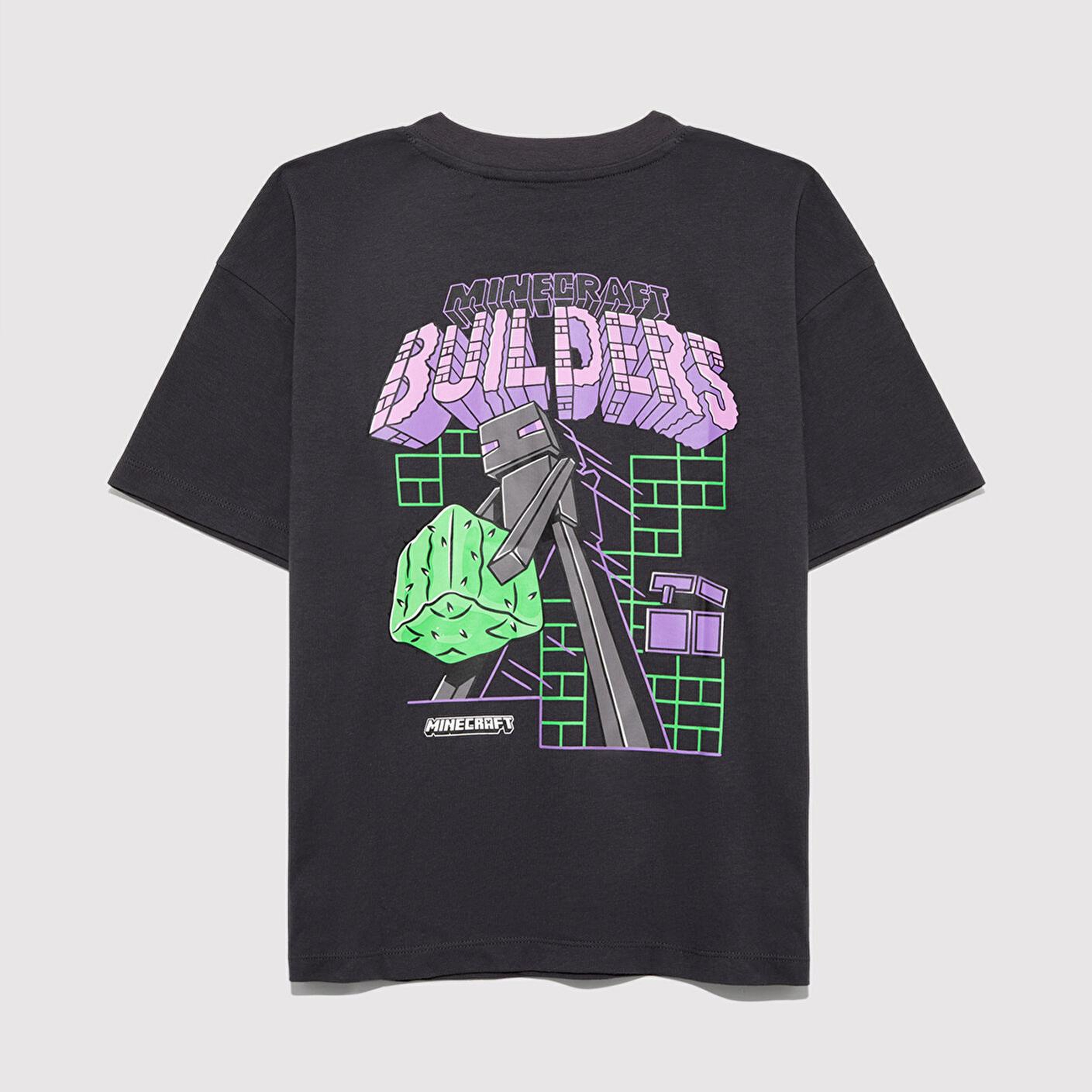 Mavi Minecraft Baskılı Antrasit Tişört Oversize / Geniş Kesim 6610379-70087