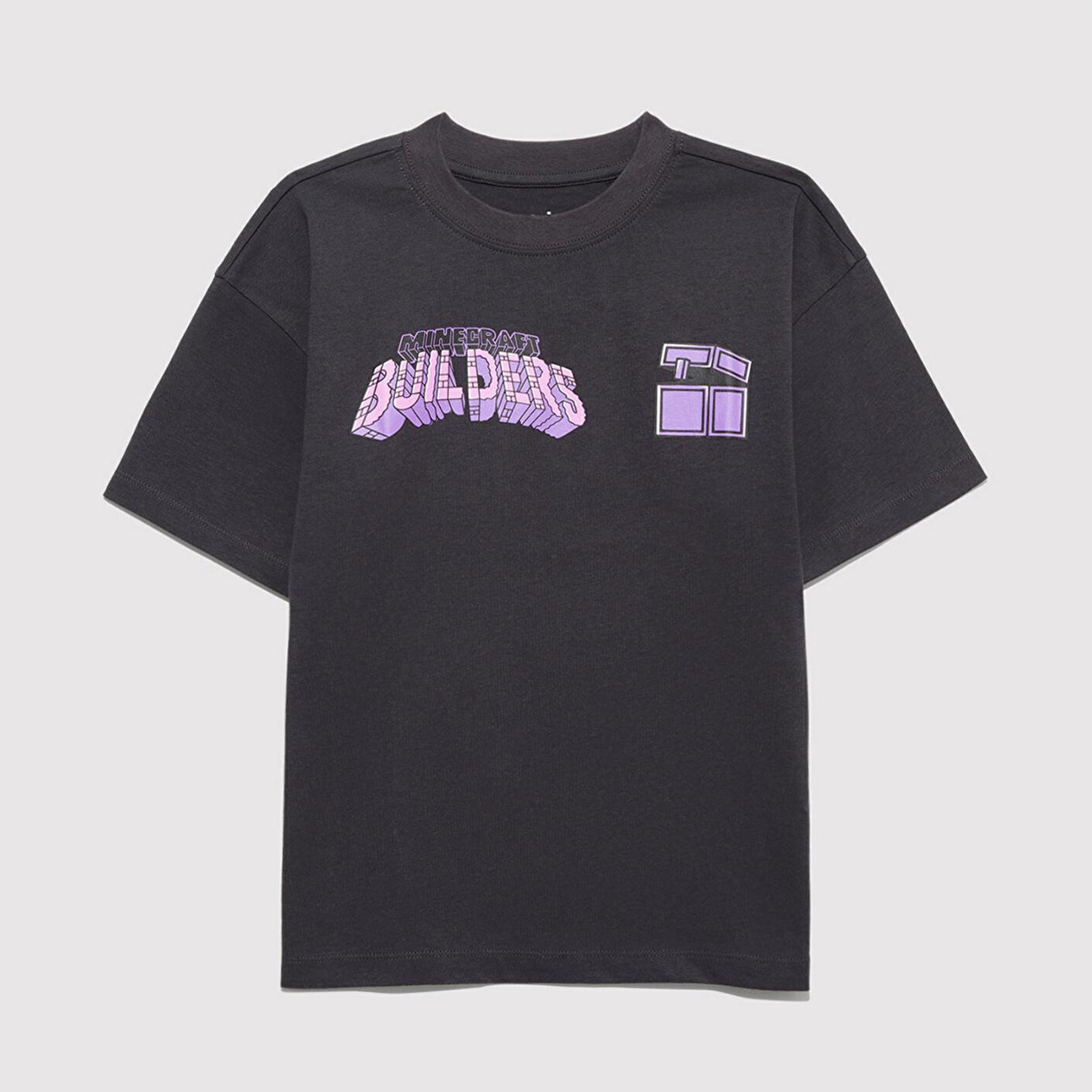 Mavi Minecraft Baskılı Antrasit Tişört Oversize / Geniş Kesim 6610379-70087
