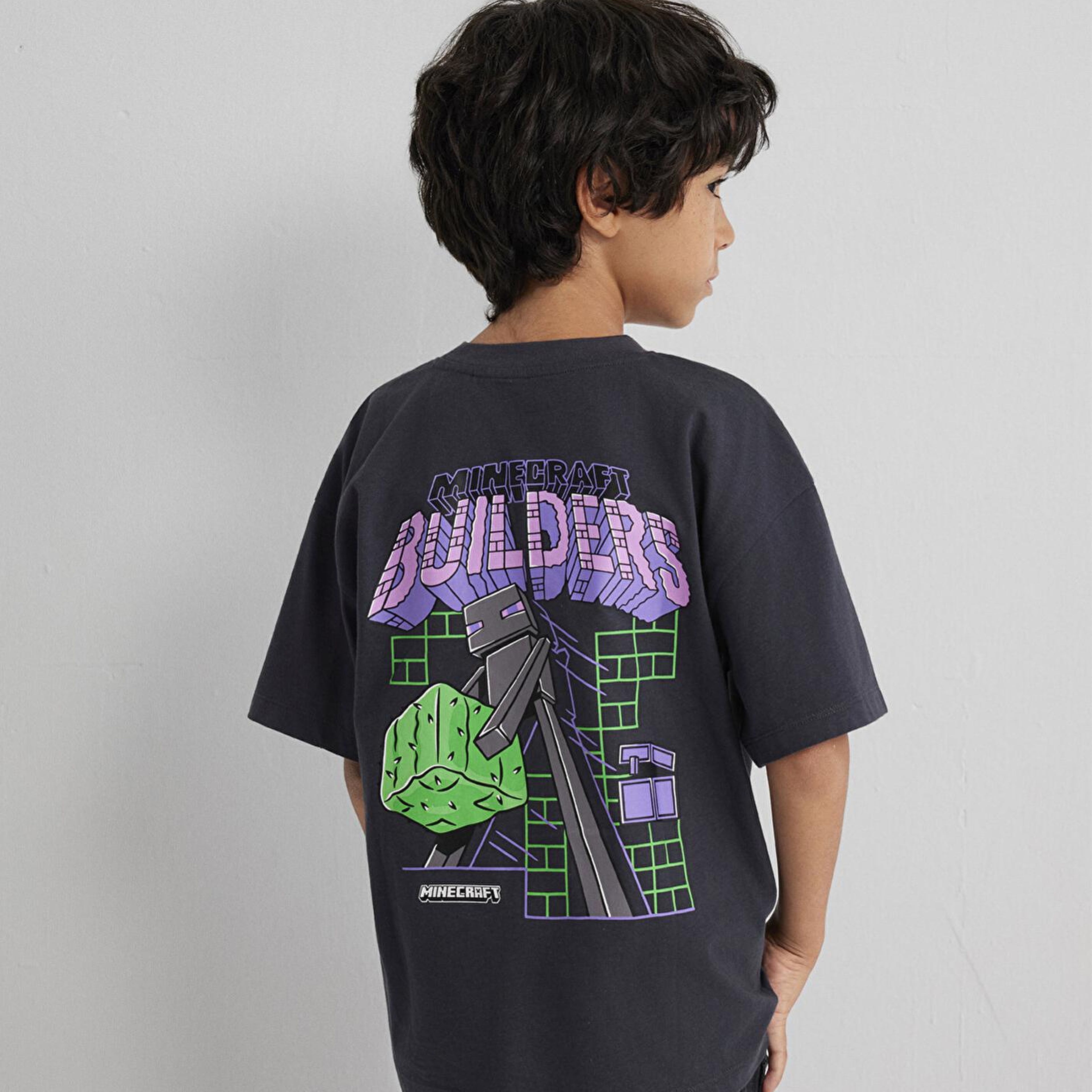 Mavi Minecraft Baskılı Antrasit Tişört Oversize / Geniş Kesim 6610379-70087