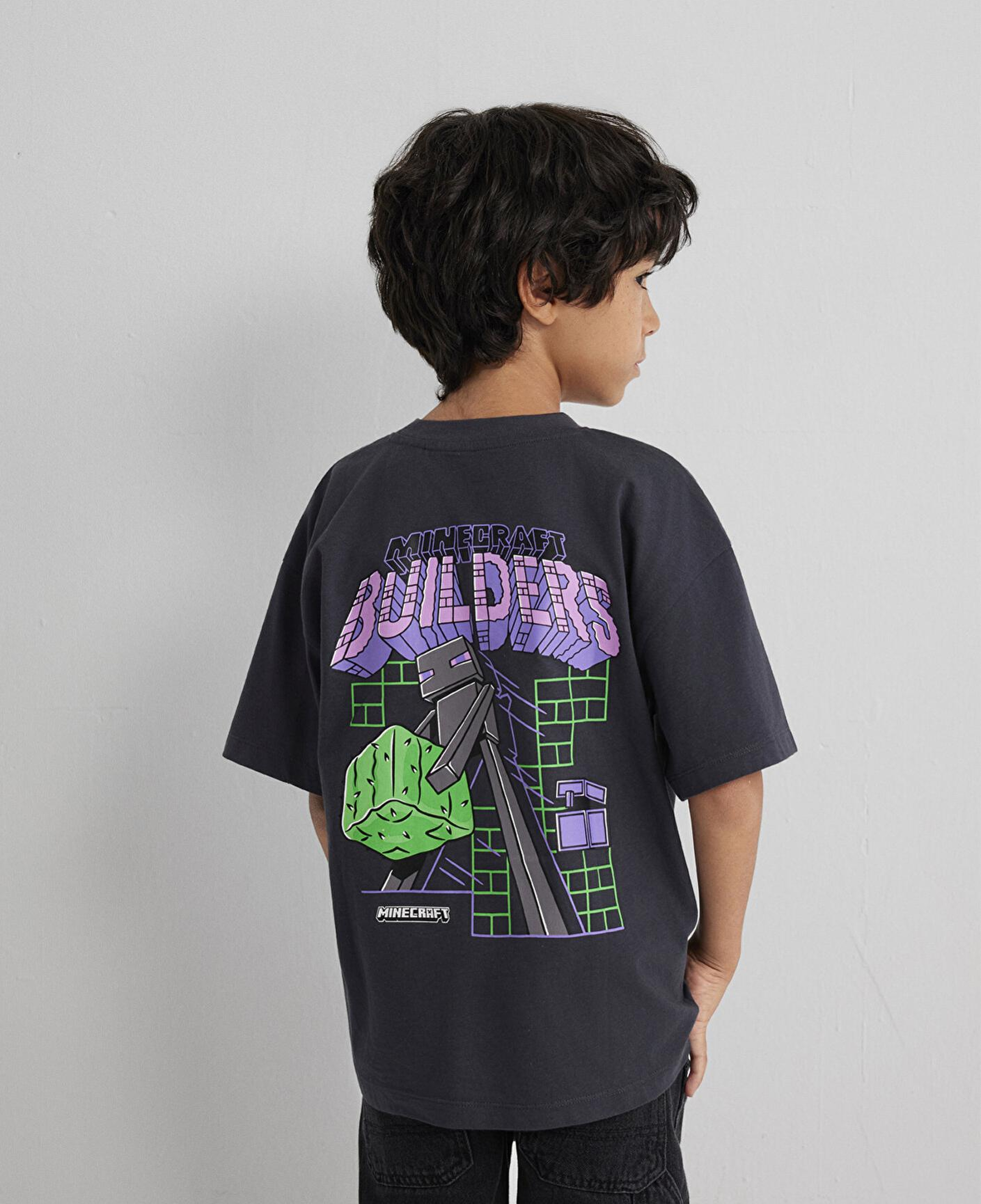 Mavi Minecraft Baskılı Antrasit Tişört Oversize / Geniş Kesim 6610379-70087