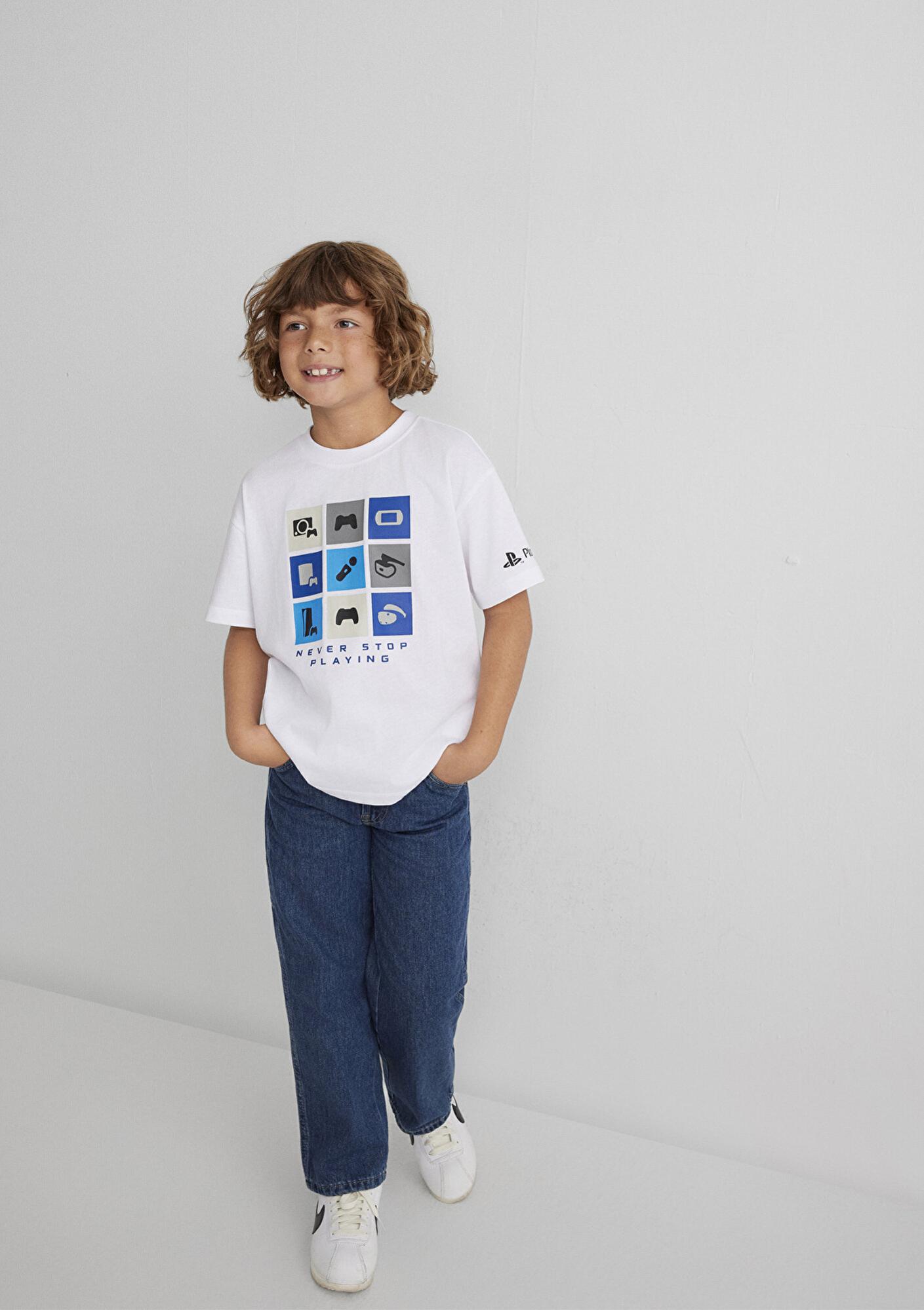 Mavi PlayStation Baskılı Beyaz Tişört​ Loose Fit / Bol Rahat Kesim 6610374-620