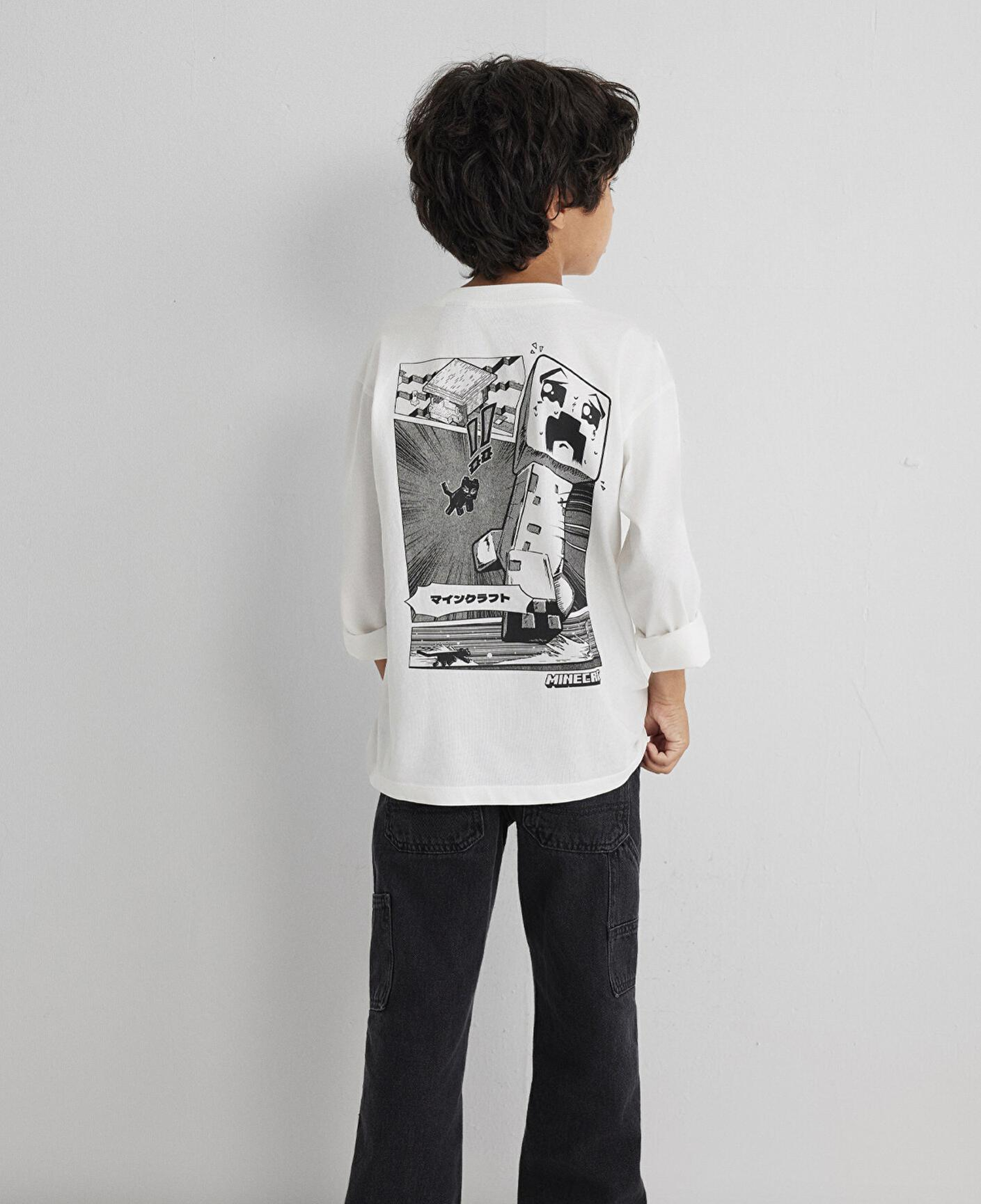 Mavi Minecraft Baskılı Ekru Tişört Loose Fit / Bol Rahat Kesim 6610378-70057