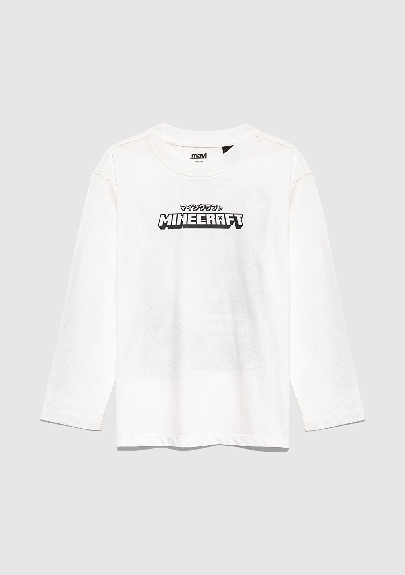 Mavi Minecraft Baskılı Ekru Tişört Loose Fit / Bol Rahat Kesim 6610378-70057