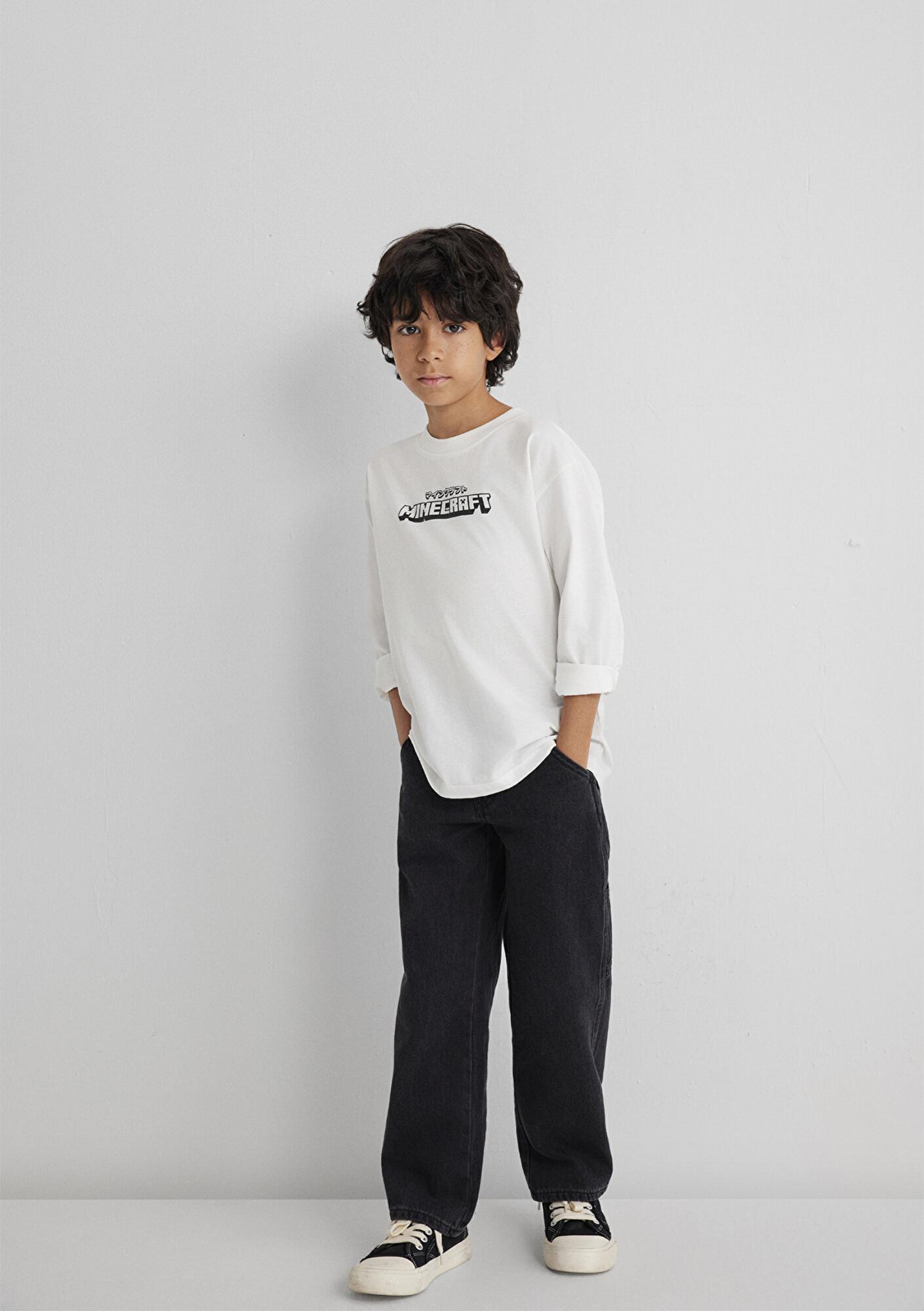 Mavi Minecraft Baskılı Ekru Tişört Loose Fit / Bol Rahat Kesim 6610378-70057