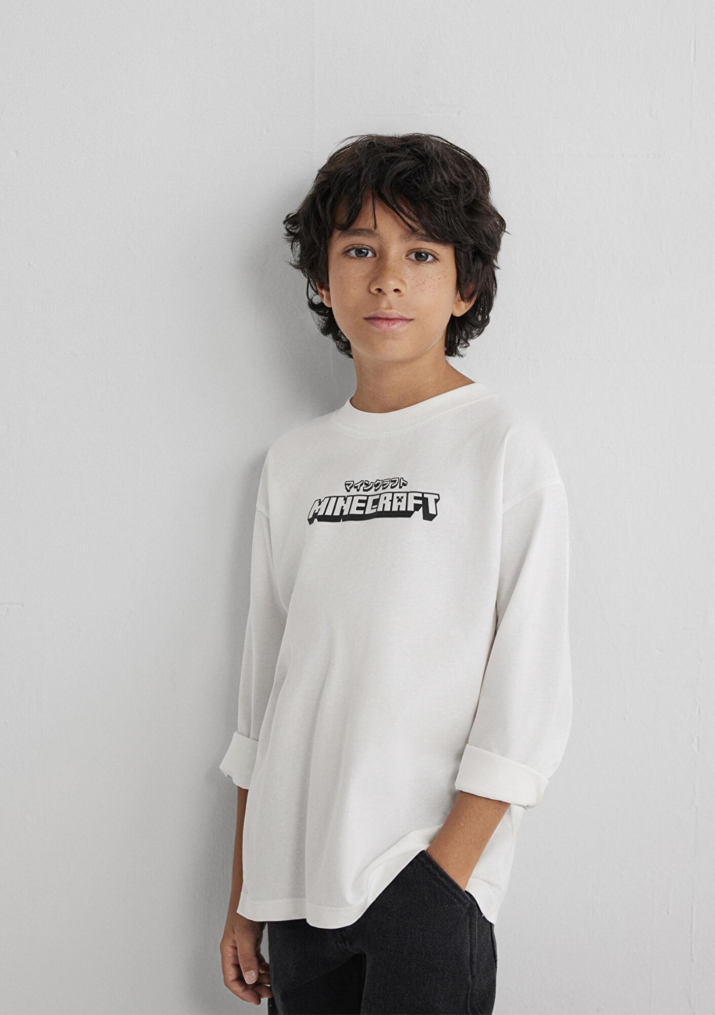 Mavi Minecraft Baskılı Ekru Tişört Loose Fit / Bol Rahat Kesim 6610378-70057