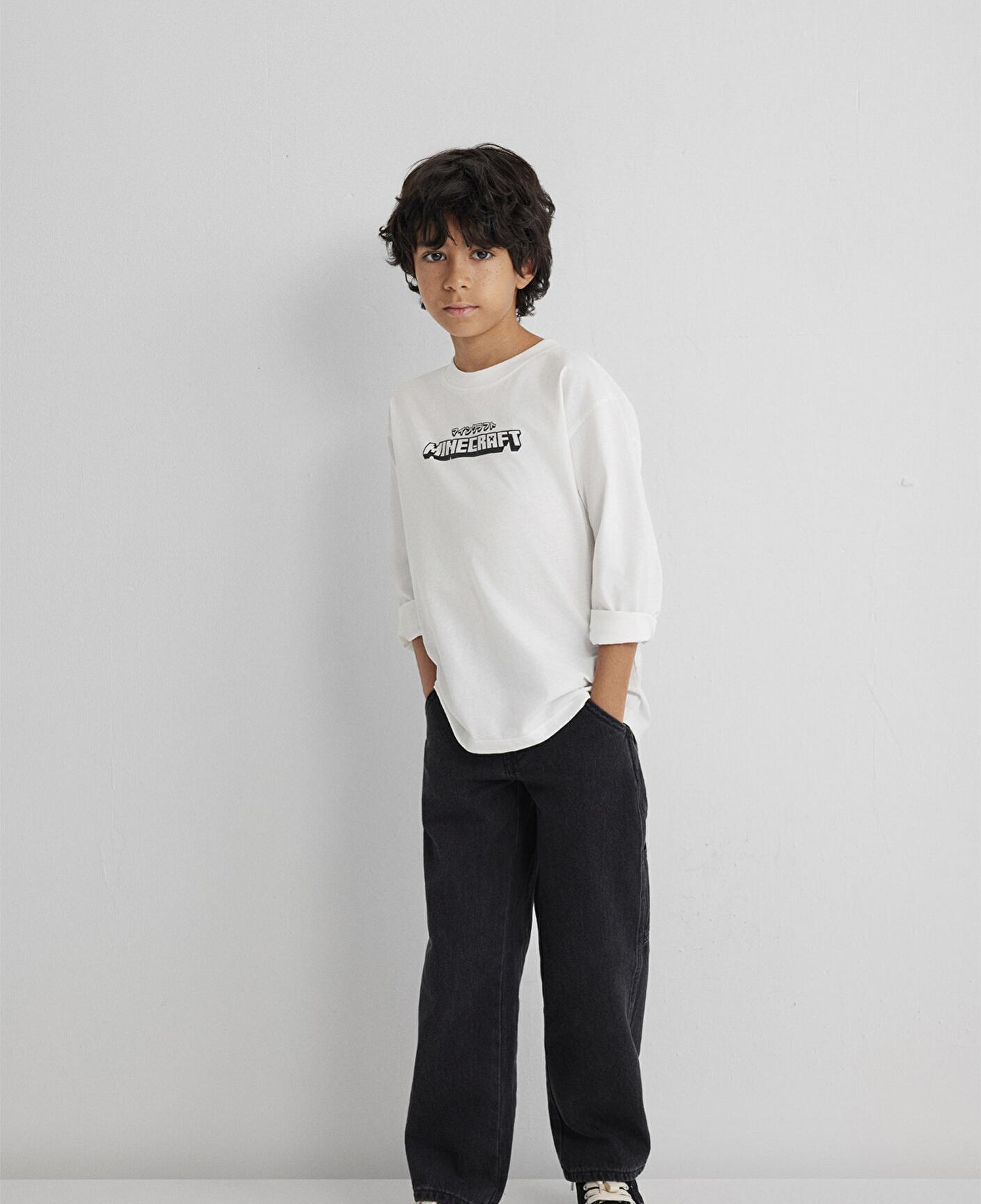 Mavi Minecraft Baskılı Ekru Tişört Loose Fit / Bol Rahat Kesim 6610378-70057